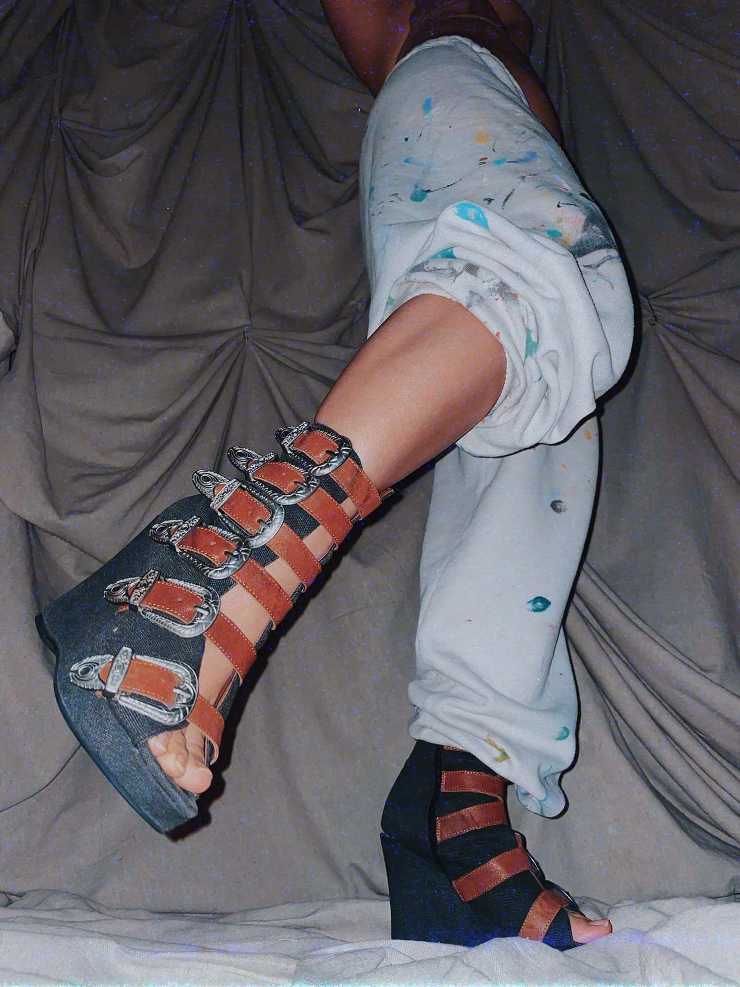 2 gladiator platforms - navy blue gladiator platform sandals brown buckles womens shoes worn used - ennis process artist ego death estate sale fashion style consignment thrifting.jpg