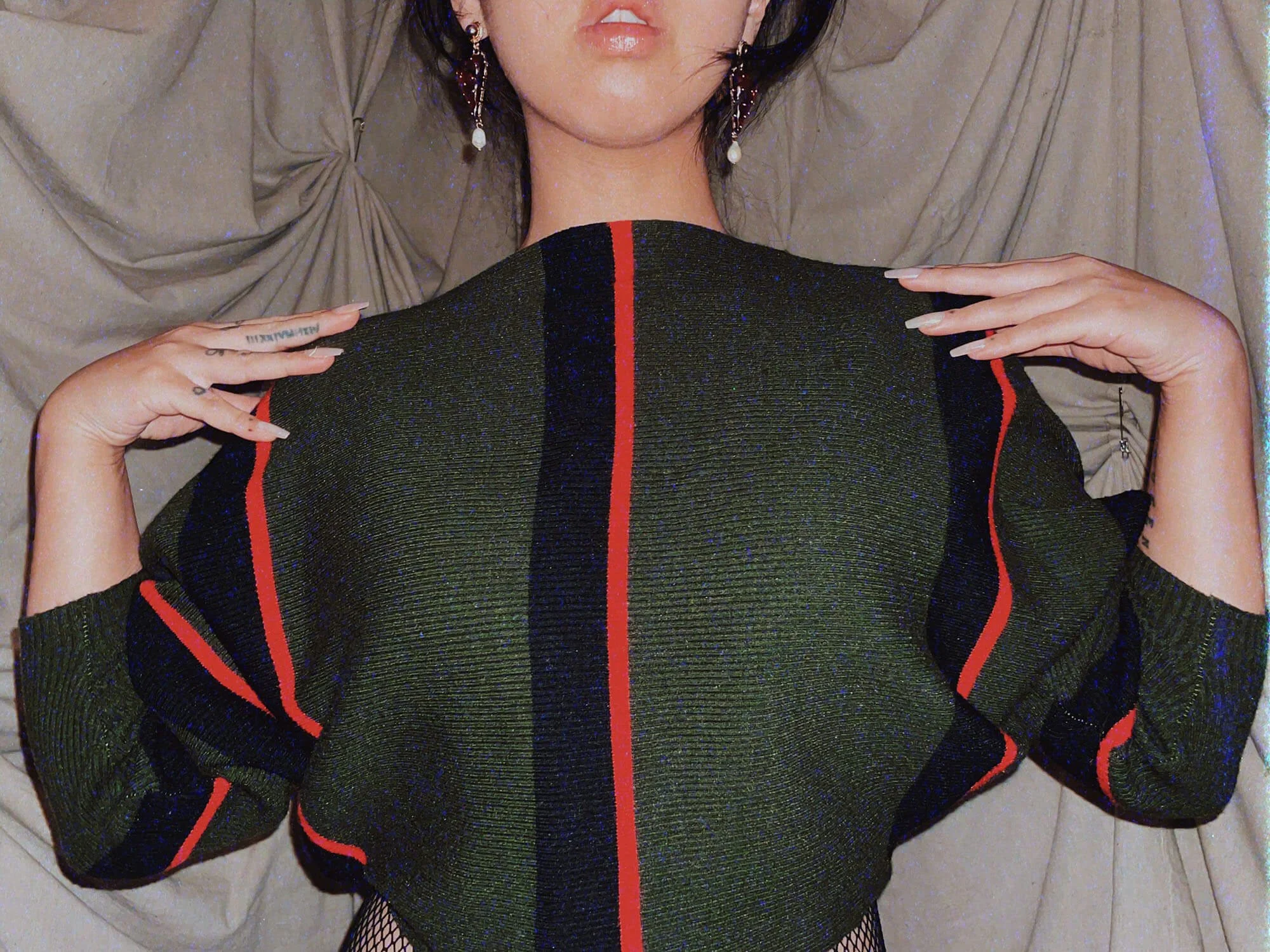 2 Library Date Sweater - green red stripe knit crop boxy oversized short sweater webbed 3/4 sleeve - ennis process artist ego death estate sale fashion style consignment thrifting.jpg
