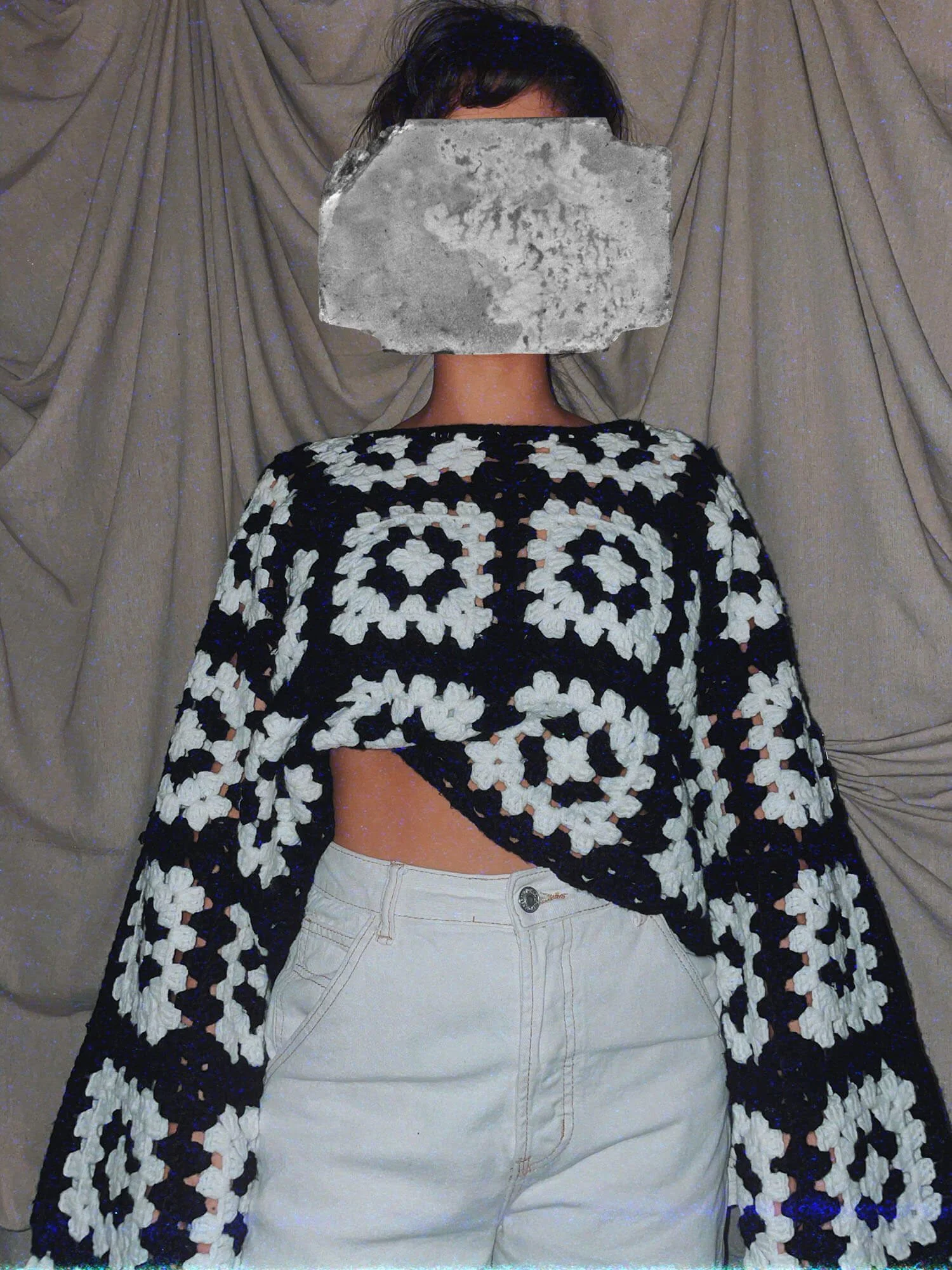 1 Black and White Crochet - floral tile crochet oversized sleeve boxy box cut sweater womens top - ennis process artist ego death estate sale fashion style consignment thrifting.jpg