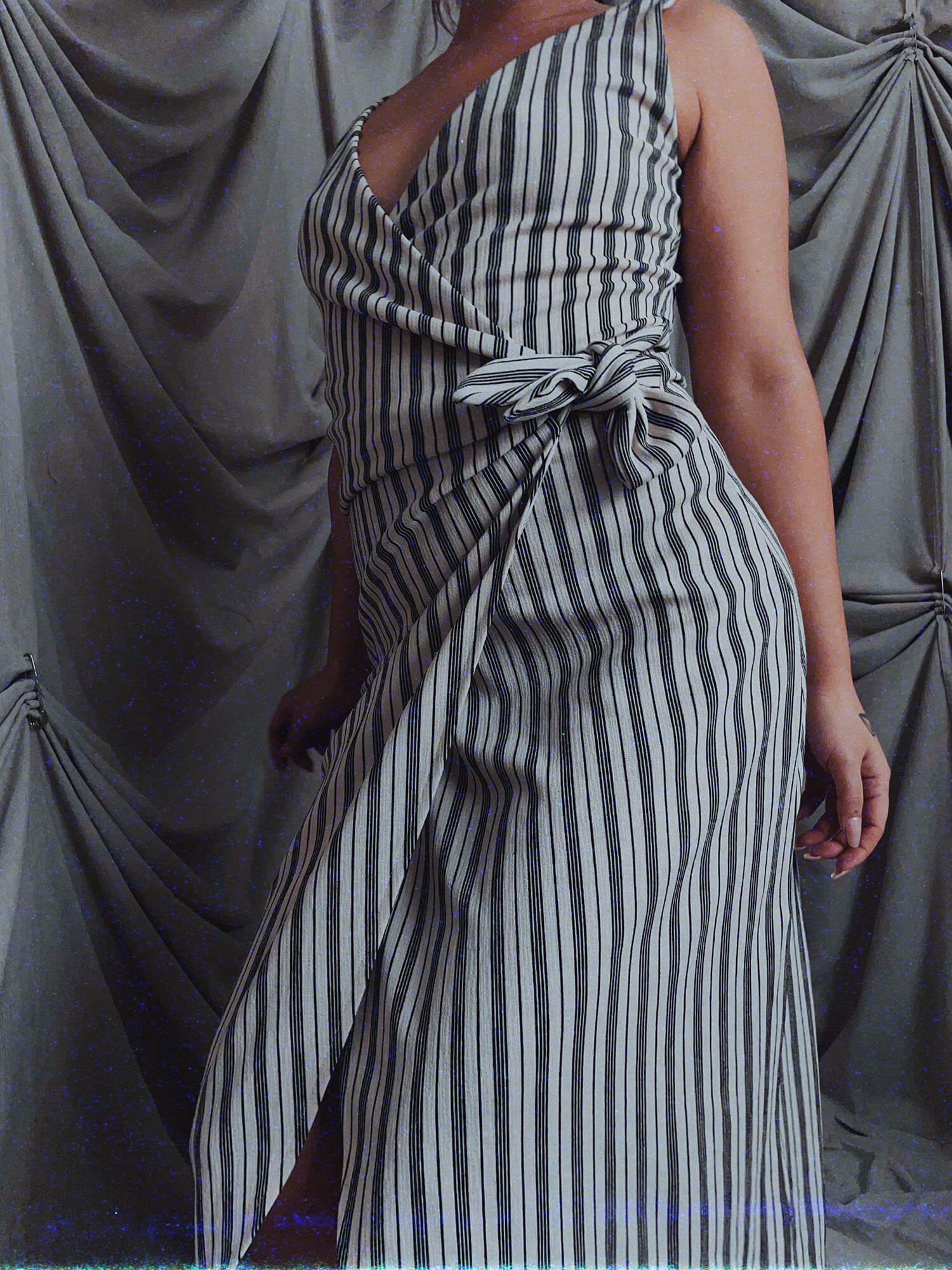 1 Wrap Me Up In Stripes - white black vertical stripe wrap tie dress vneck midi mid knee length - ennis process artist ego death estate sale fashion style consignment thrifting.jpg