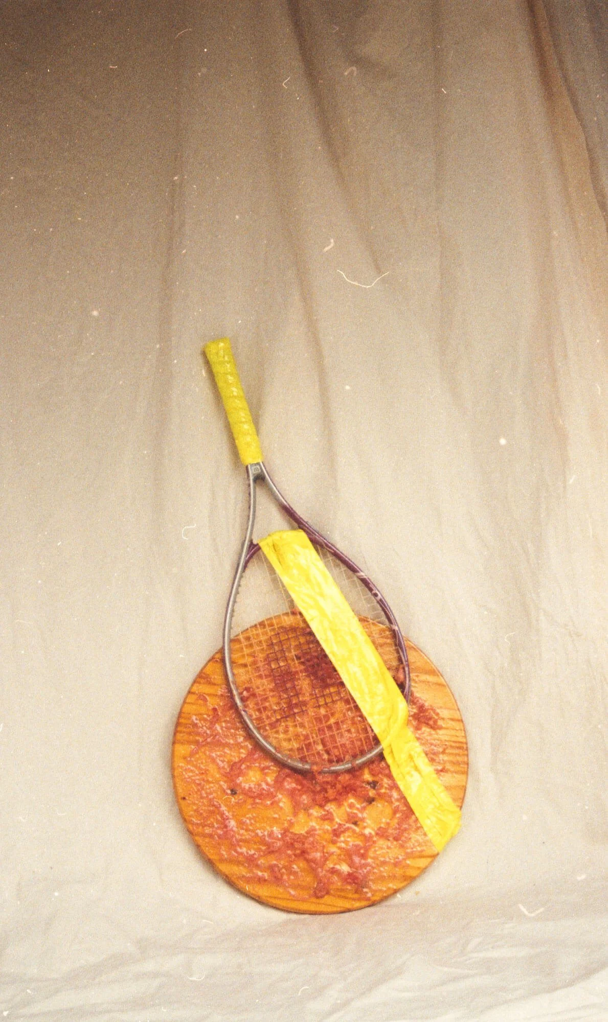 06 sticky poetry pink marshmallow peep tennis racket squished on wooden platter dissertation sculpture 5culptures by ennis like tennis mixed media contemporary art process artist dave chappelle.jpg