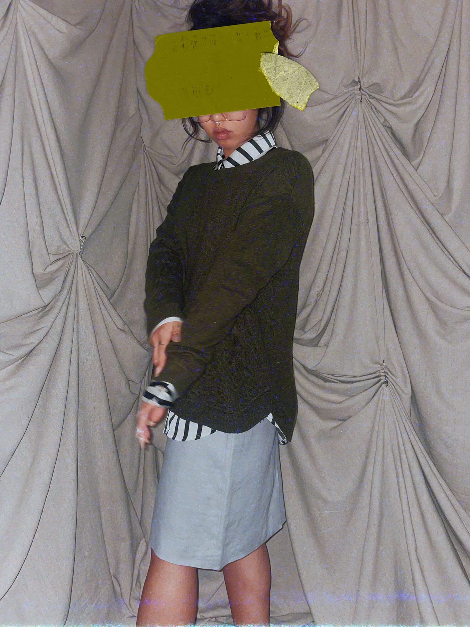 1 Olive Box Sweater - green boxy sweater gold zipper oversized long sleeve crewneck womens small top - ennis process artist ego death estate sale fashion style consignment thrifting.jpg