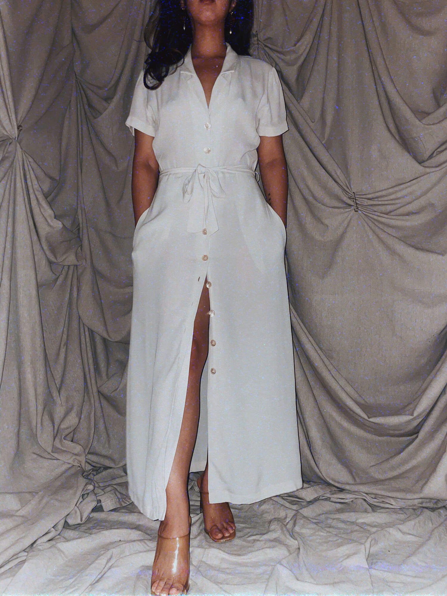 2 Romantic Summer Dress - wilfred sand silk summer dress buttons high slit aritzia sheer pockets - ennis process artist ego death estate sale fashion style consignment thrifting.jpg