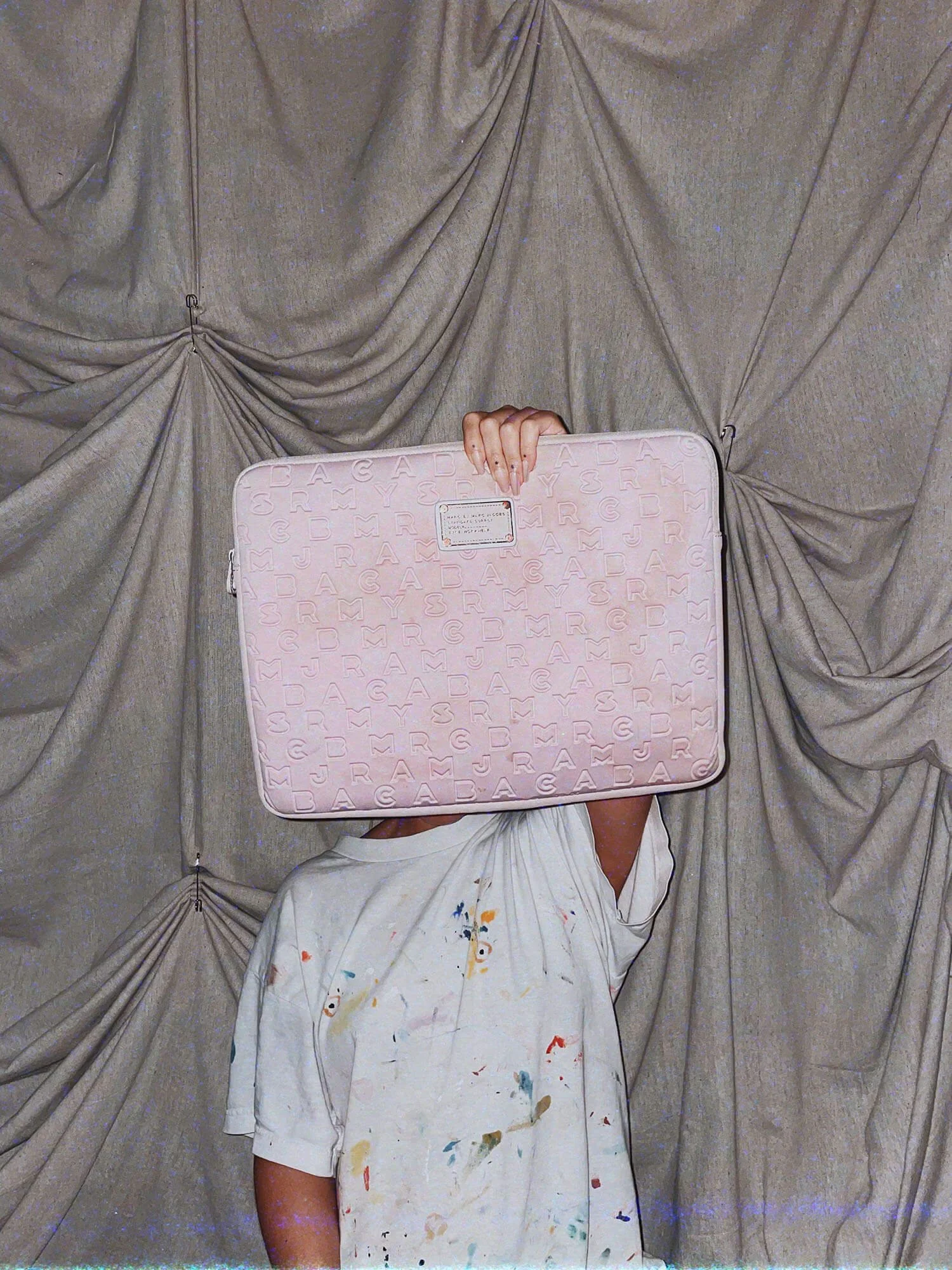 1 Coffee Stained 15" Marc Jacobs Laptop Sleeve - plush padded pale pink purple letters laptop case fur lining - ennis process artist ego death estate sale fashion style consignment thrifting.jpg