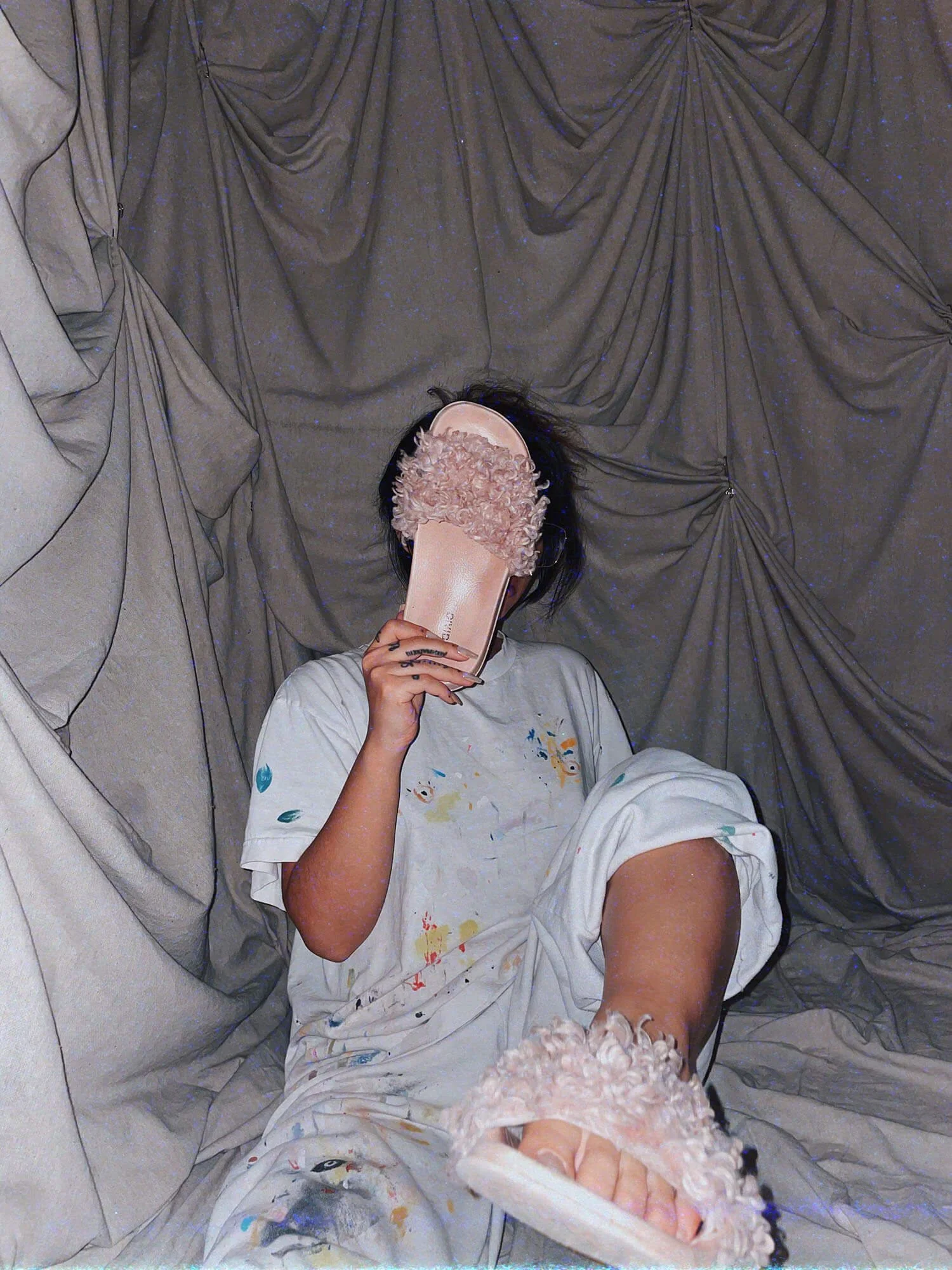 1 dirty pink poodle slides - dirty worn sandals shoes fur womens size 36 37 small feet used - ennis process artist ego death estate sale fashion style consignment thrifting.jpg