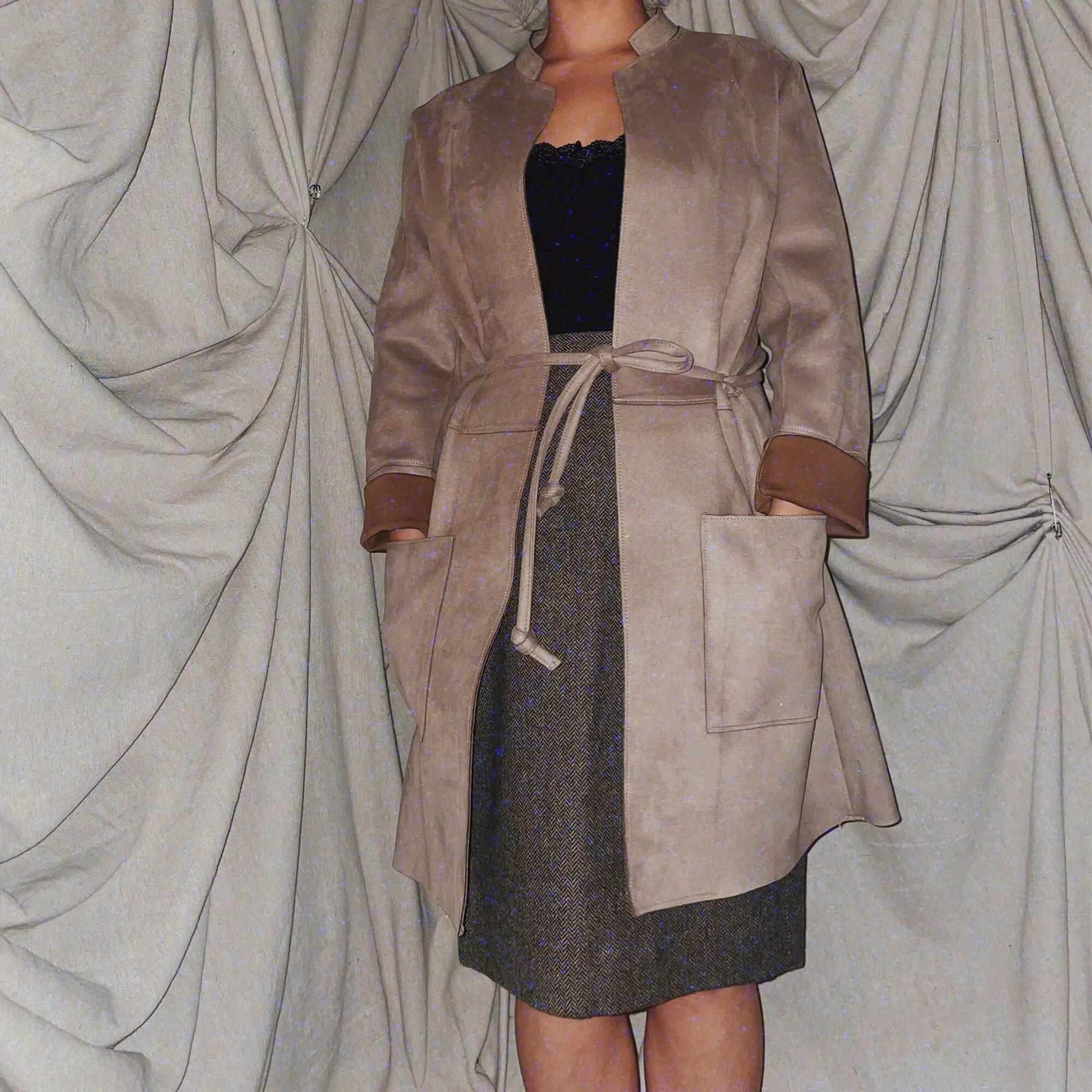 0 Suede Wrap Jacket - suede brown dark camel womens mid length coat box cut - ennis process artist ego death estate sale fashion style consignment thrifting.jpg