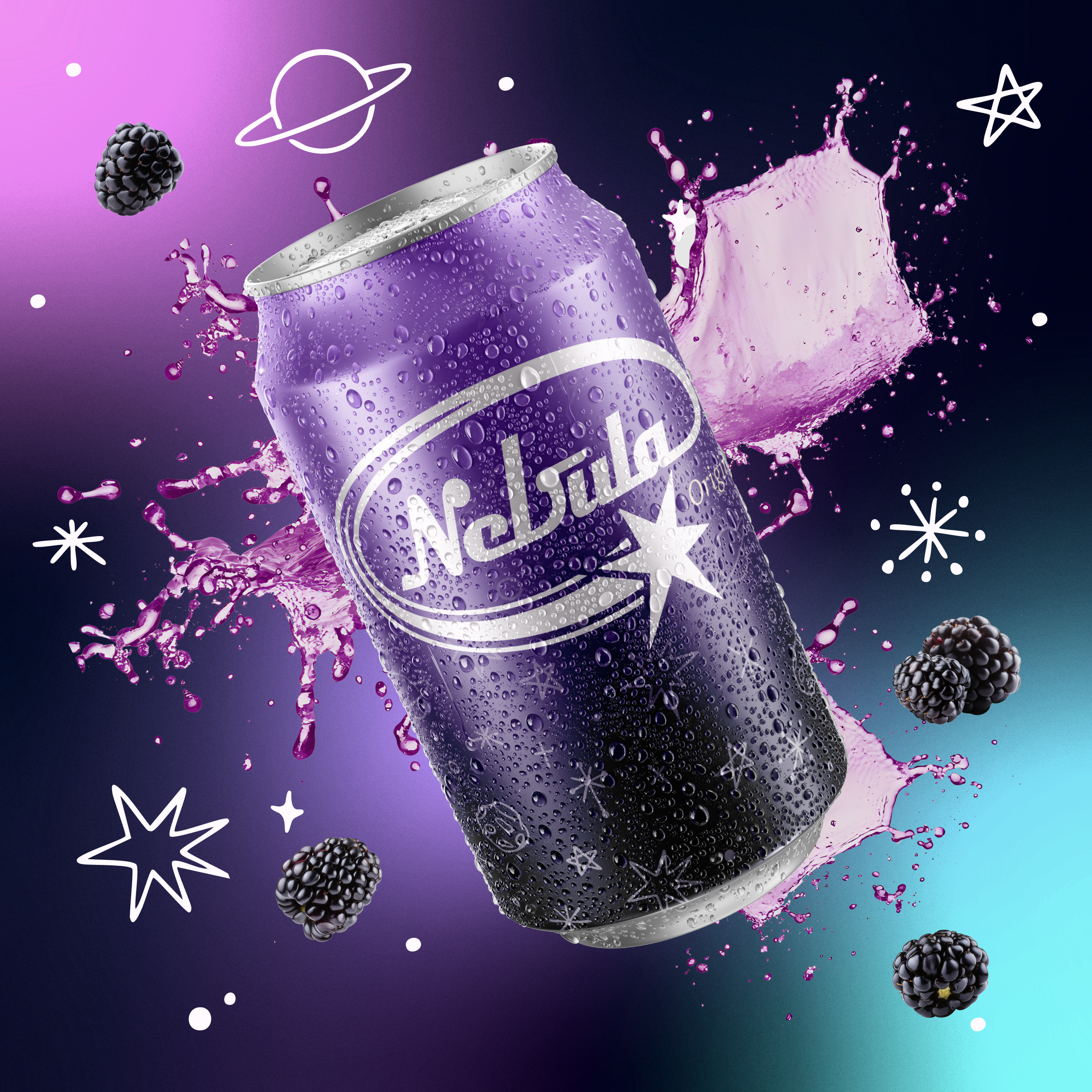 Lata de soda purple con gotas de agua, hielo y frambuesas flotando, con fondo colorido y gráficos de espacio y estrellas.