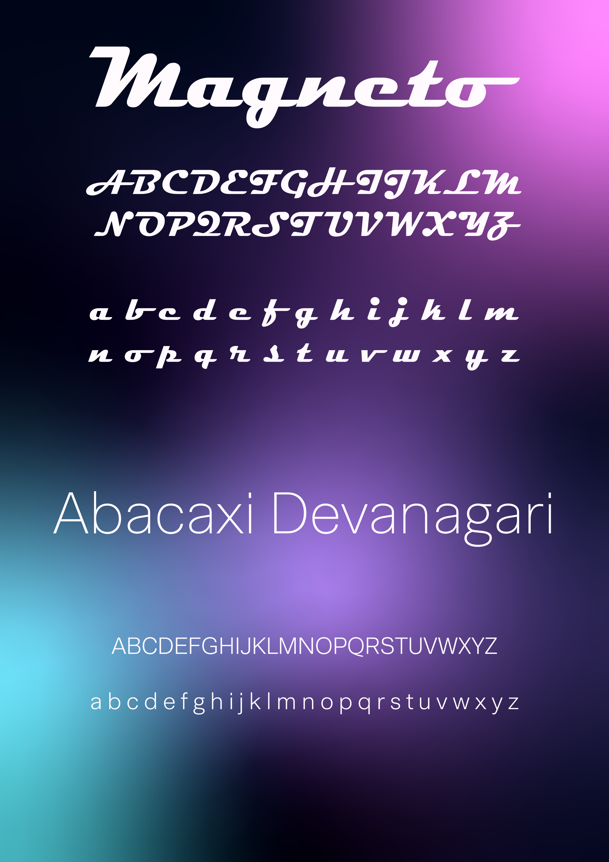 Pantalla con tipografía llamada 'Magneto' en estilos cursiva y regular, con ejemplos de letras mayúsculas y minúsculas, y el texto 'Abacaxi Devanagari' en letras grandes, en un fondo difuso en tonos azul, púrpura y rosa.