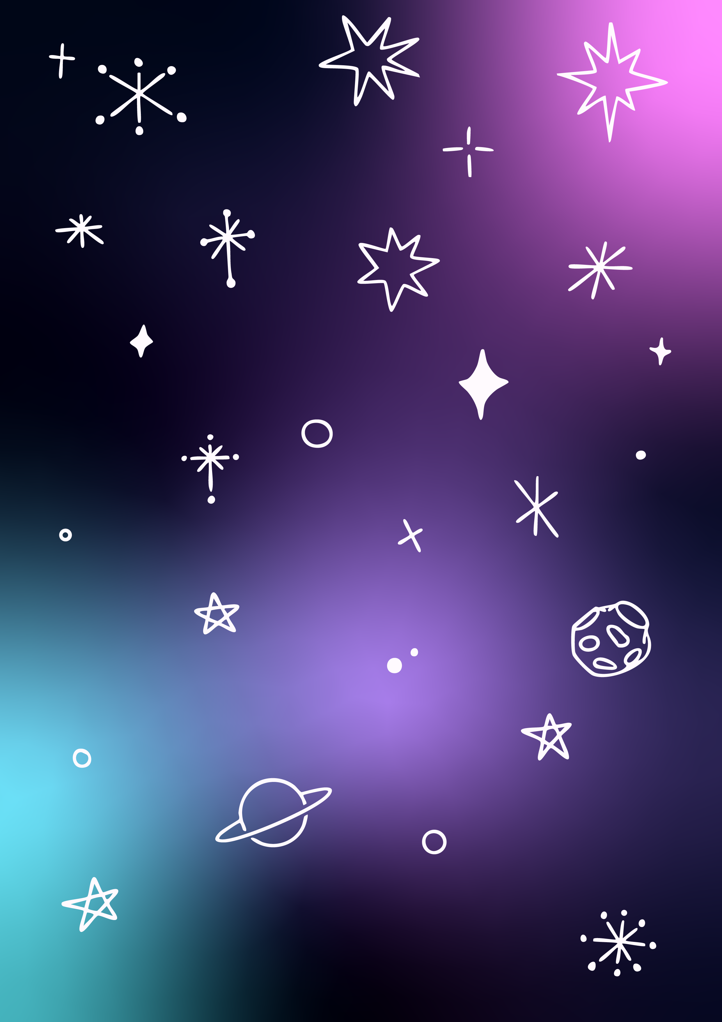 Fondo de espacio con estrellas, planetas y cometas de dibujo en blanco sobre un fondo degradado en tonos de azul, morado y rosa.