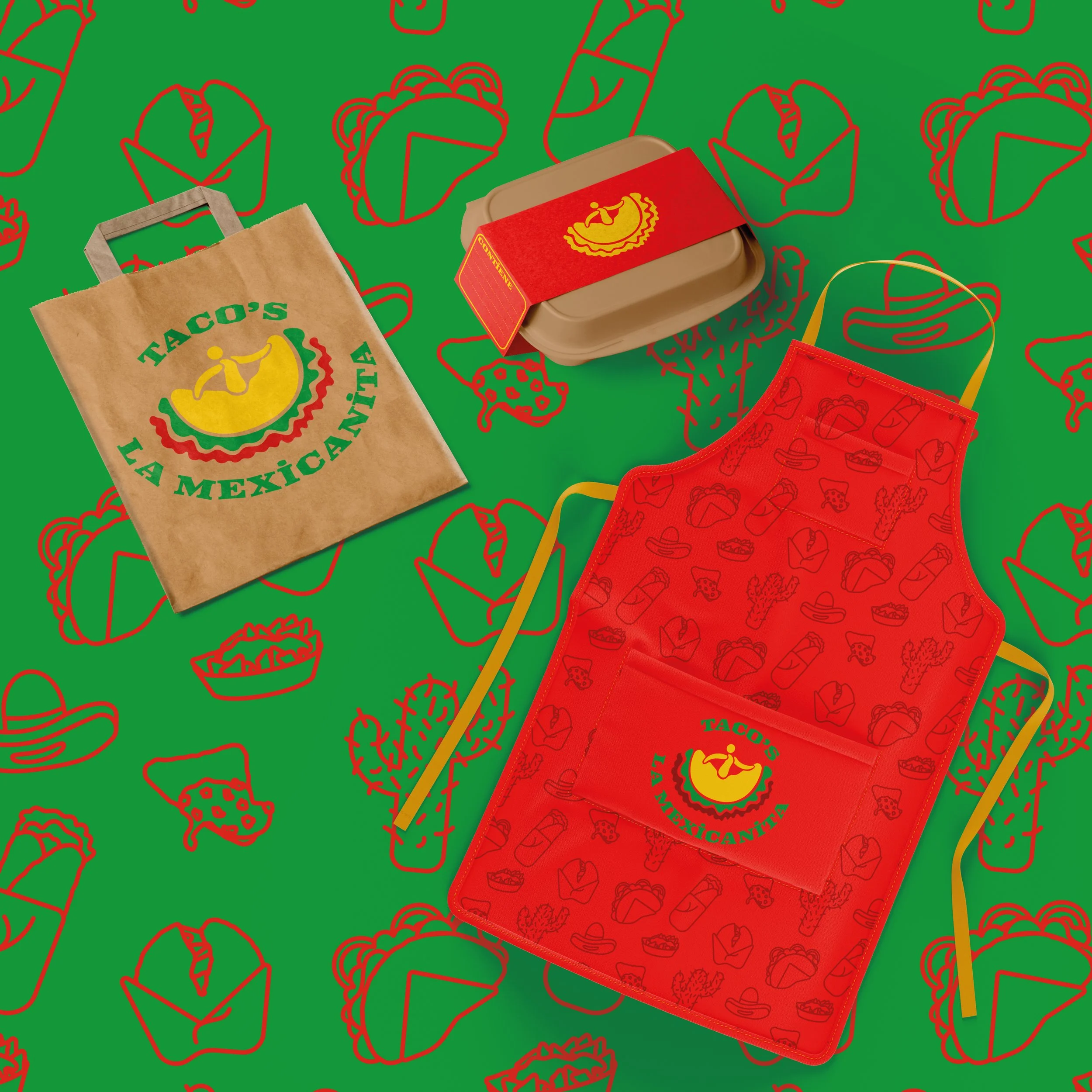 Producto de taquería con bolsa de papel, caja de cereal y delantal rojos con estampados de comida mexicana, sobre fondo verde con ilustraciones de comida y sombreros.
