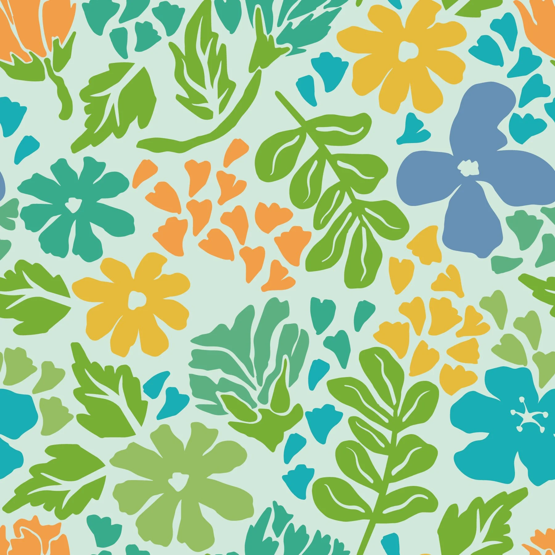 Patrón de flores de colores vivos en tonos azul, verde, amarillo y naranja con fondo claro.