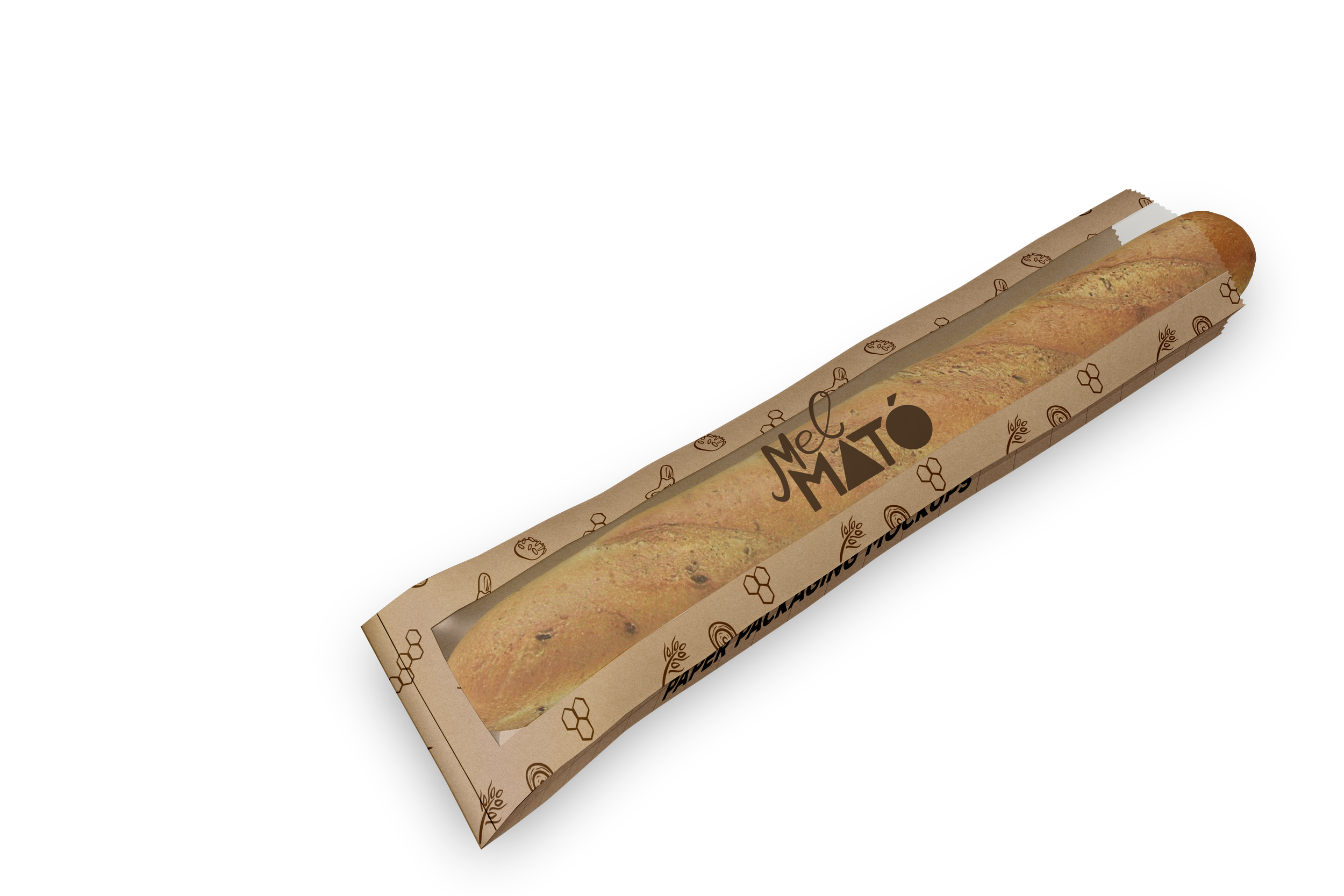 Barra de pan en envoltorio de papel con letras que dicen 'Mel MATO' y decoración de formas de pan y miel