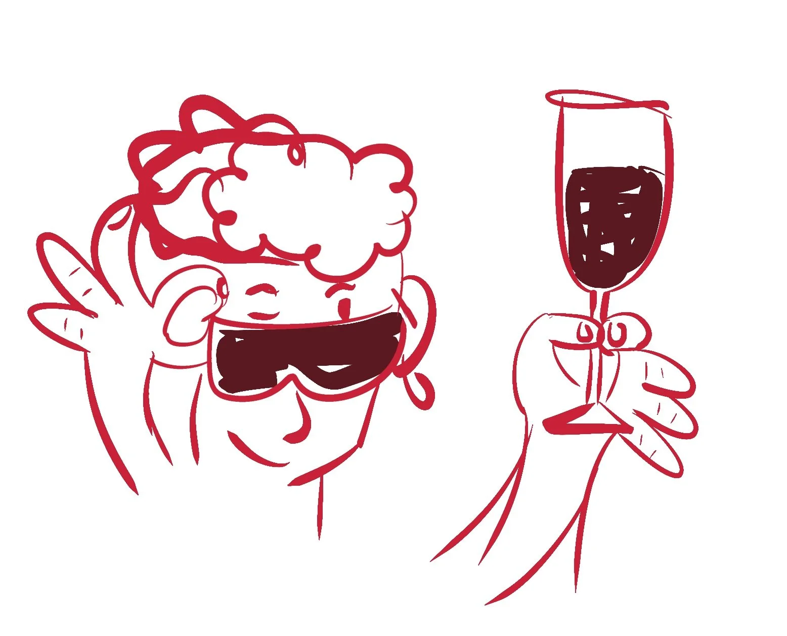 Dibujo a mano alzada en línea de un chico con gafas de sol y rizado cabello alegre, levantando un dedo y sosteniendo una copa de vino tinto, brindando con una sonrisa.