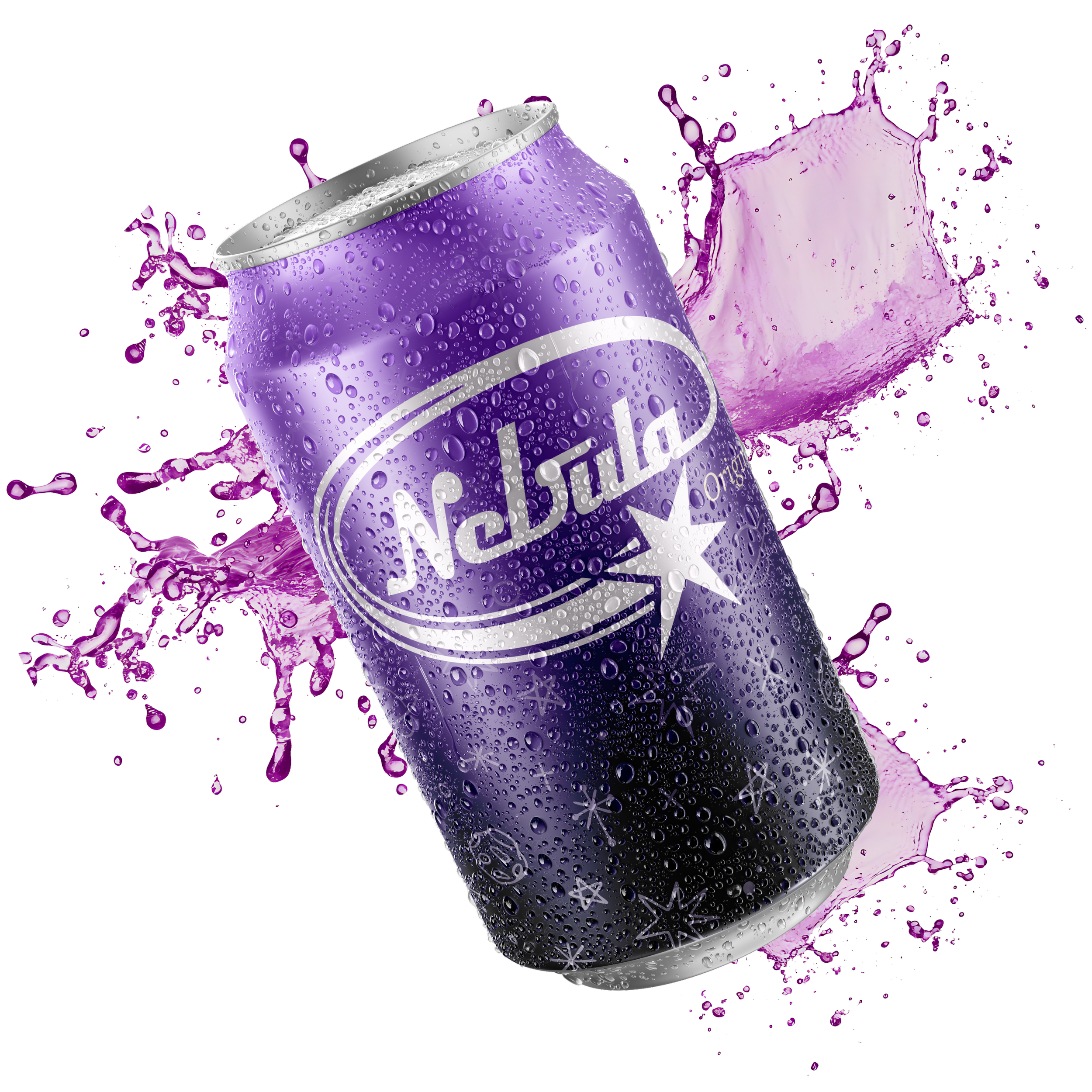 Lata de refresco de color morado con gotas de agua y un cubo de hielo cayendo, con el logo de Nebula.