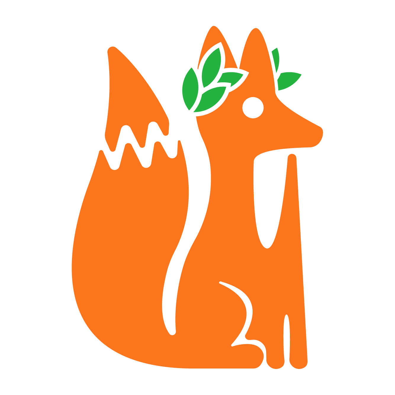 Isotipo de un zorro anaranjado con corona de laureles en la cabeza.