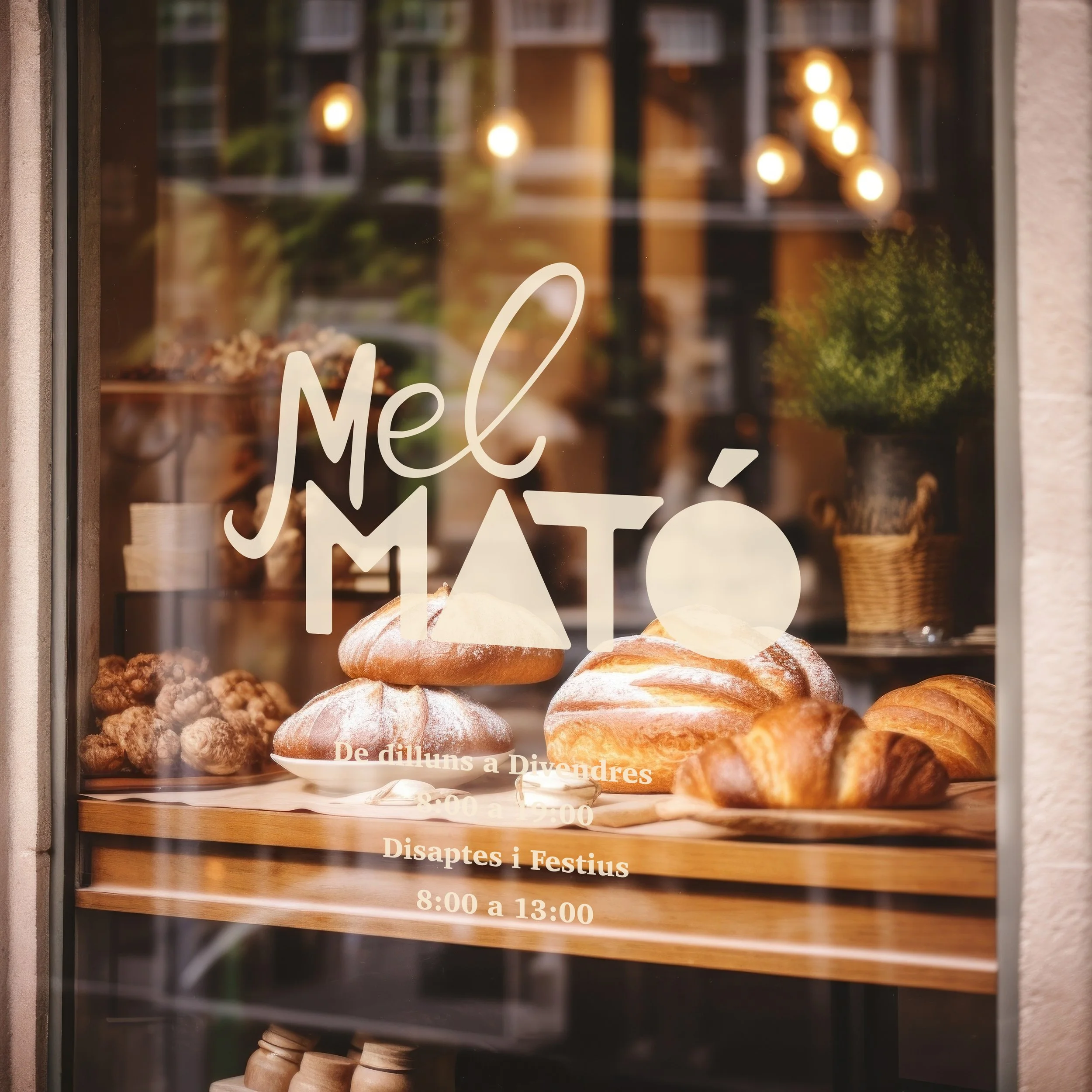 Vista de una vitrina con panes y pasteles frescos en una panadería llamada Melmató, con el texto que indica los horarios de atención de lunes a viernes y sábados y festivos.
