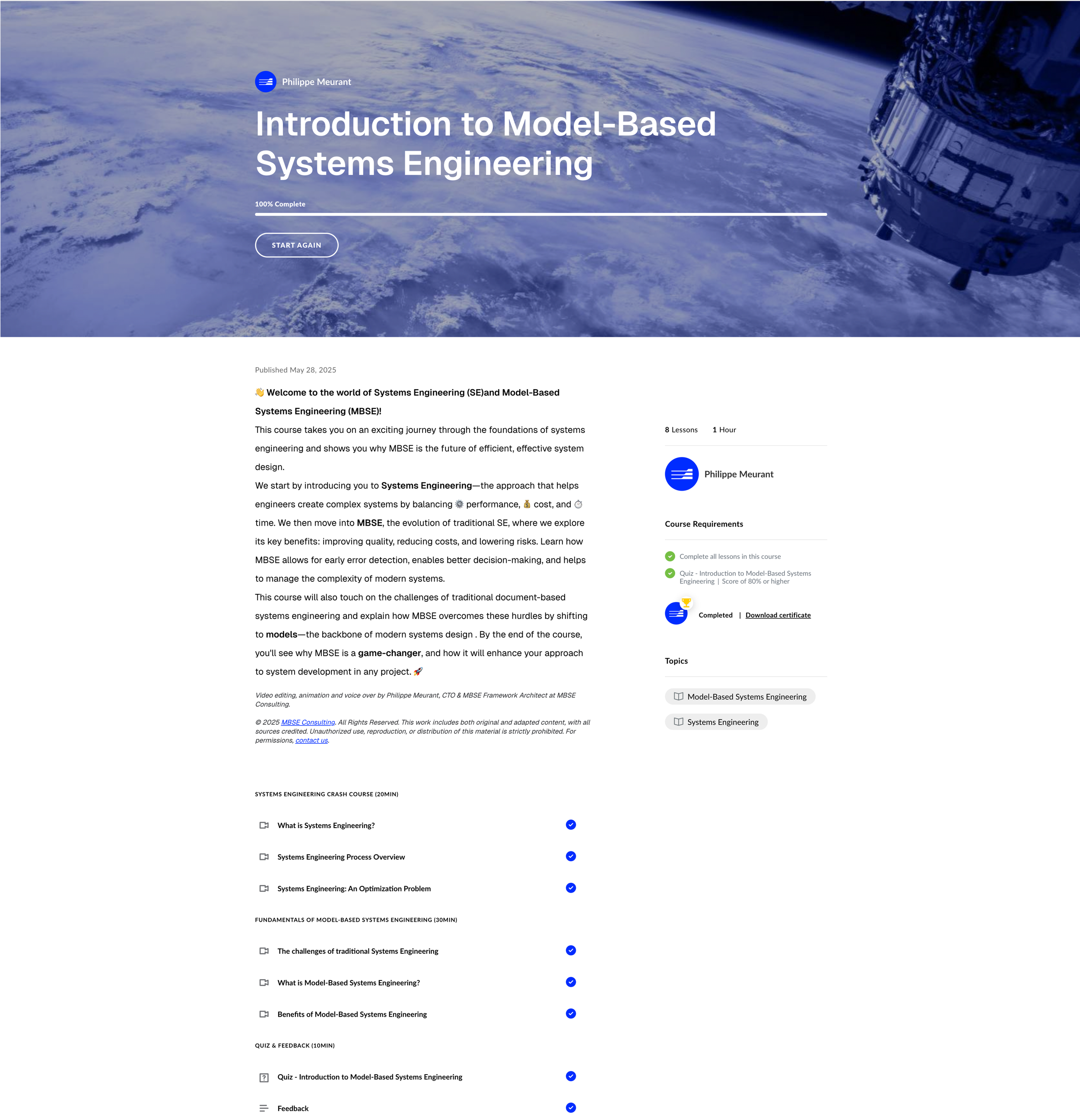 Online course webpage titled 'Introduction to Model-Based Systems Engineering' with a satellite orbit view of Earth background. Contains course details, progress, instructor info, and topic list.