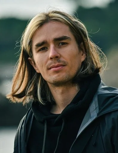 A young man with shoulder-length blond hair, wearing a black jacket and hoodie, outdoors with a blurred natural background.