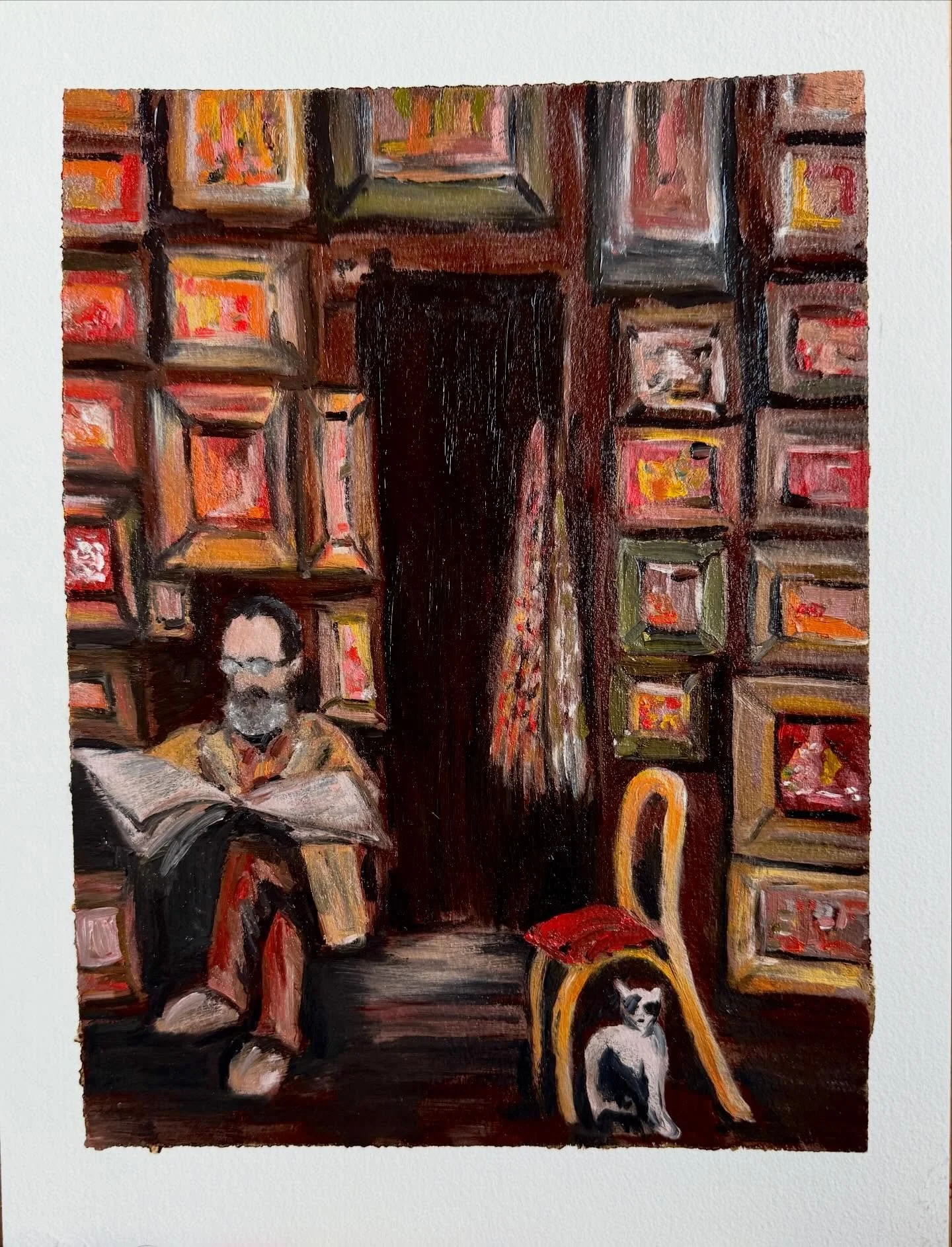 Saturday newspaper with cat. Oil on paper