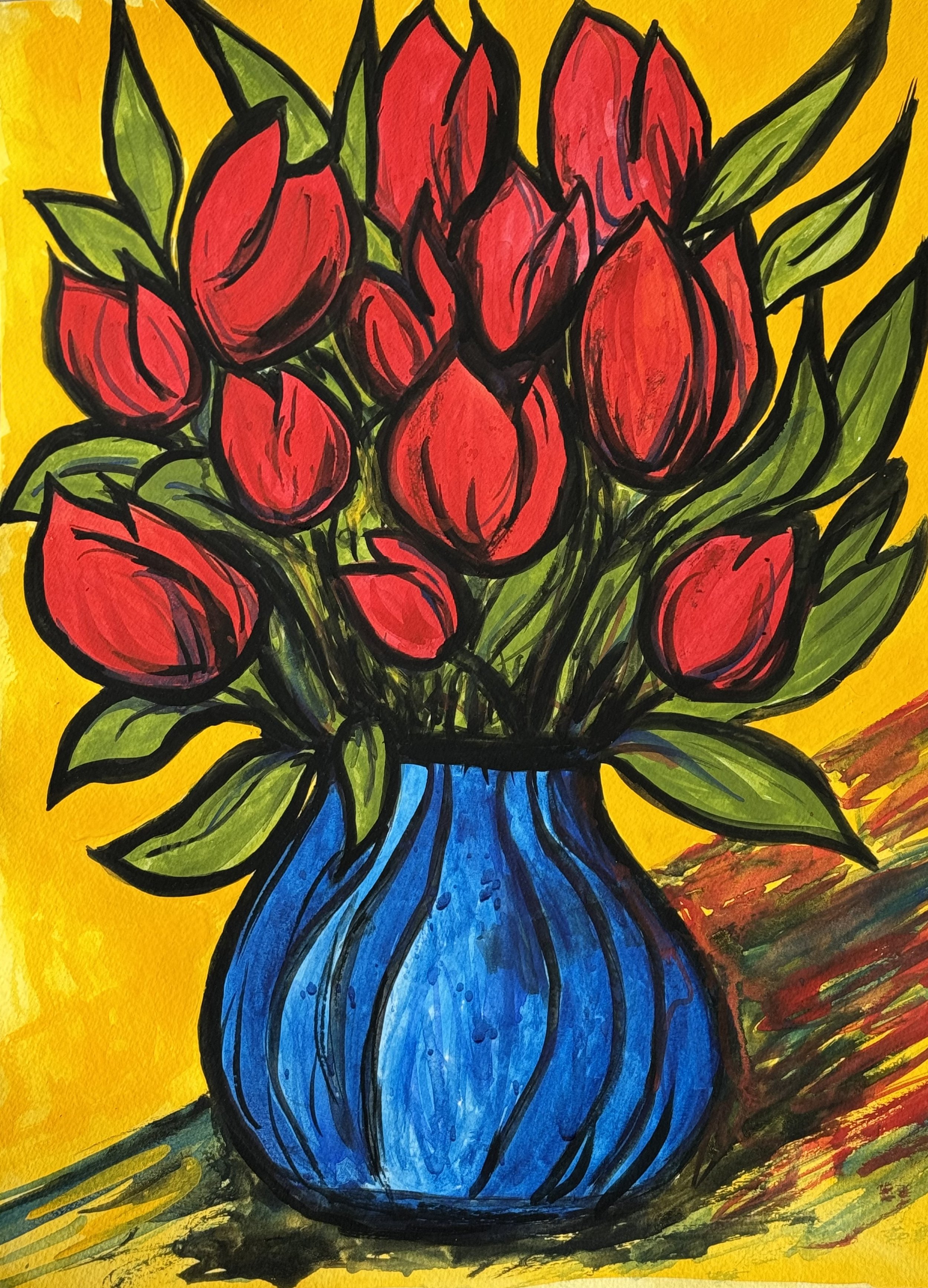 Colorful painting of red tulips in a blue vase with a yellow background.