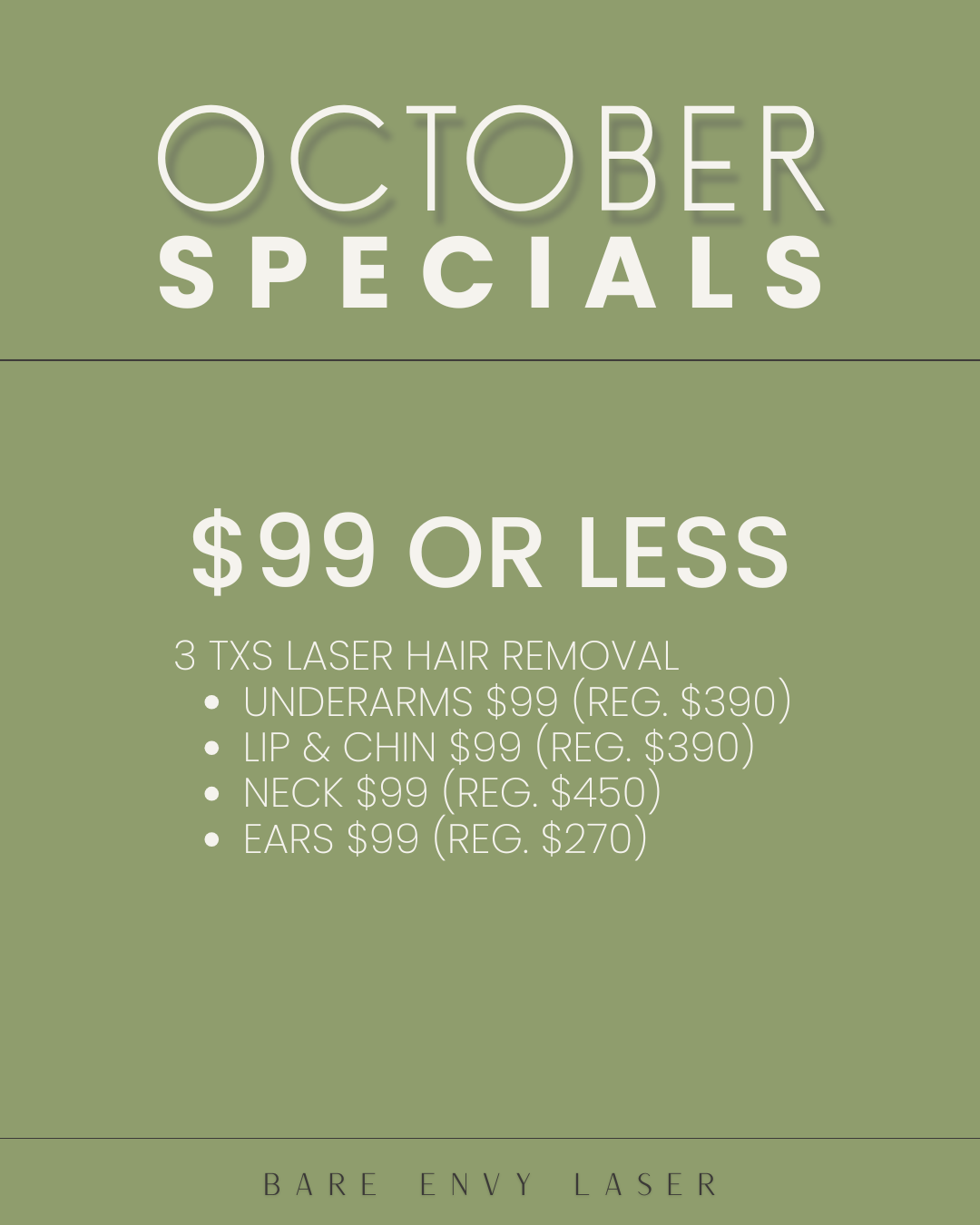 Laser Hair Removal - 3 Treatments for $99
