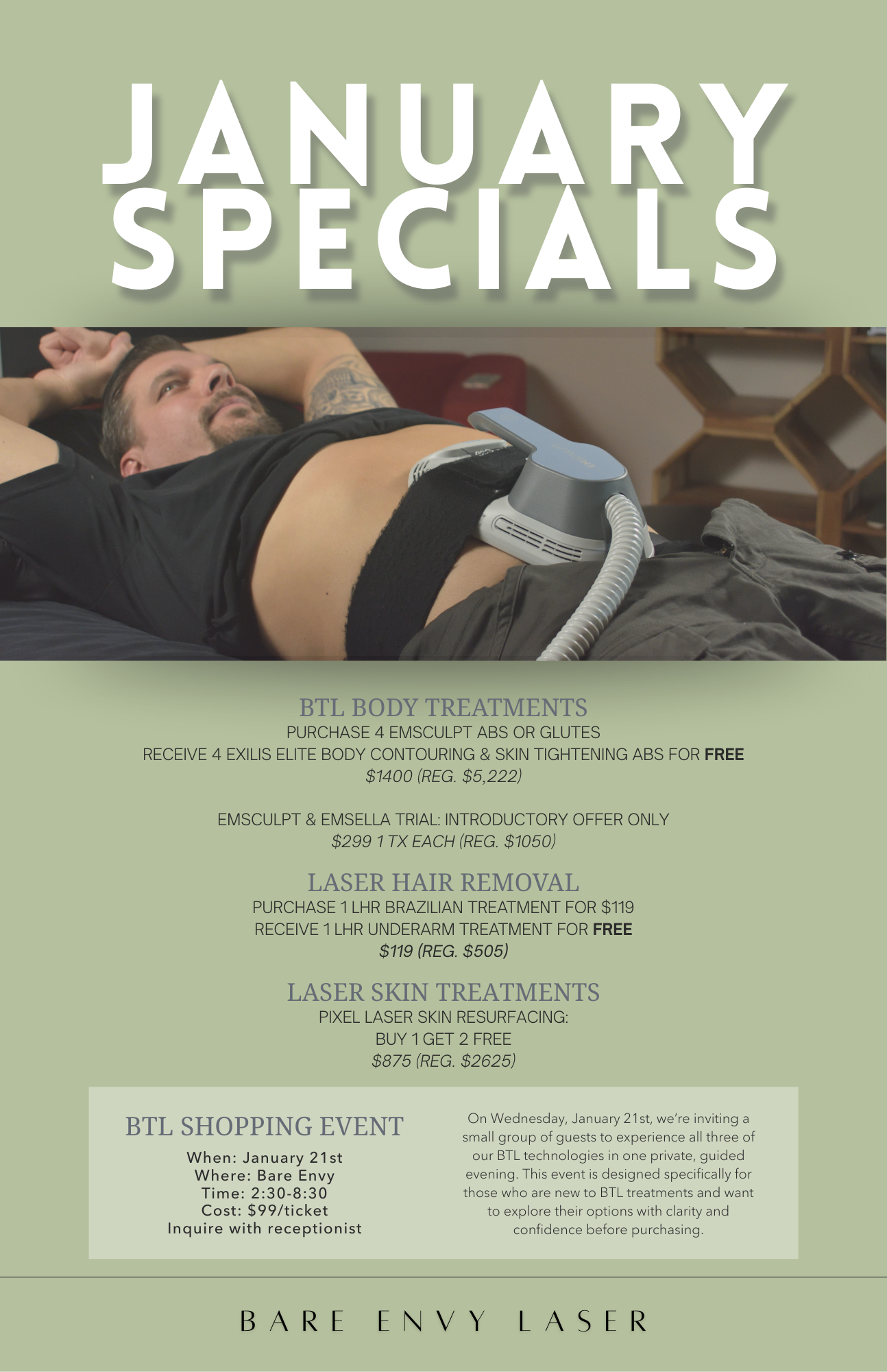 A promotional flyer for Bare Envy Laser featuring January specials including body treatments, laser hair removal, and skin treatments, with a photo of a man lying down receiving a body treatment.