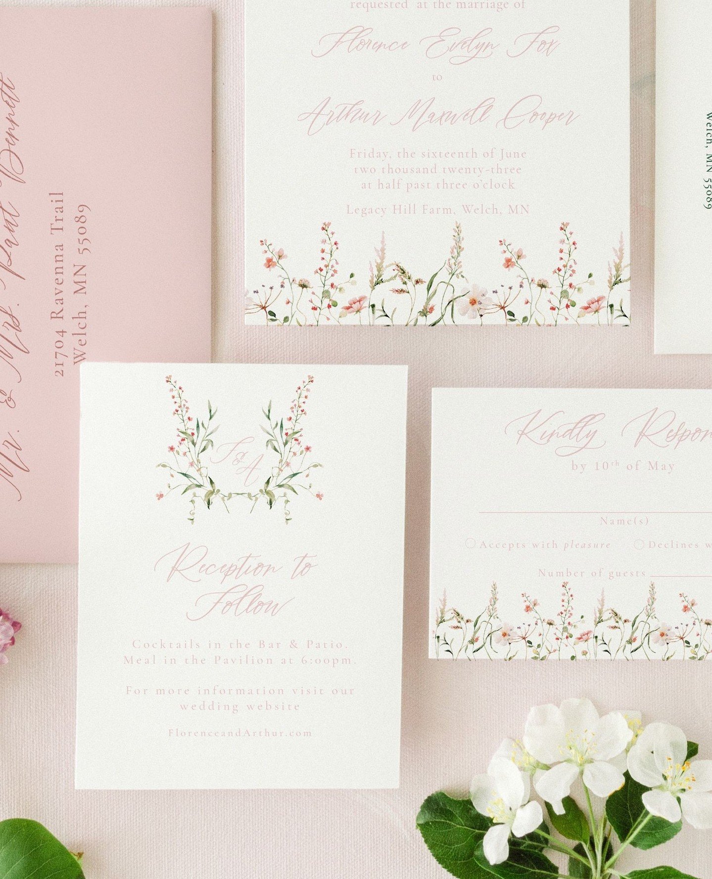 A Closer Look: The Florence Collection ⁠
⁠
Soft blush florals, gentle greenery, and a crest that feels like it was gathered from a Proven&ccedil;al garden, this is the heart of Florence.⁠
⁠
Inspired by the romance of French countryside weddings, ever