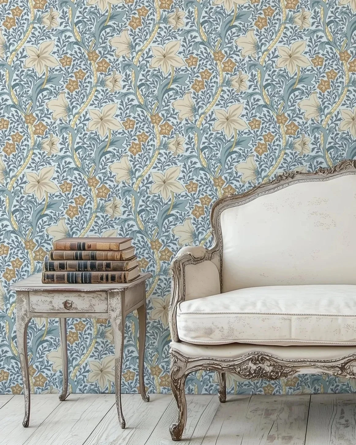 a flowing arrangement of large, hand-drawn floral elements intertwined with leafy vines, set against a soft blue background. The color palette includes muted tones of blue, beige, and brown, creating a vintage-inspired and tranquil atmosphere.