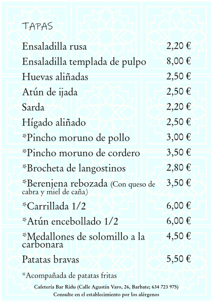 Bar Ridu, todas nuestras especialidades en tapas y medias raciones.