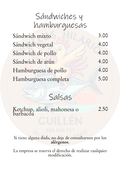 Carta de Pollos Hilario Guillén, sándwiches y hamburguesas