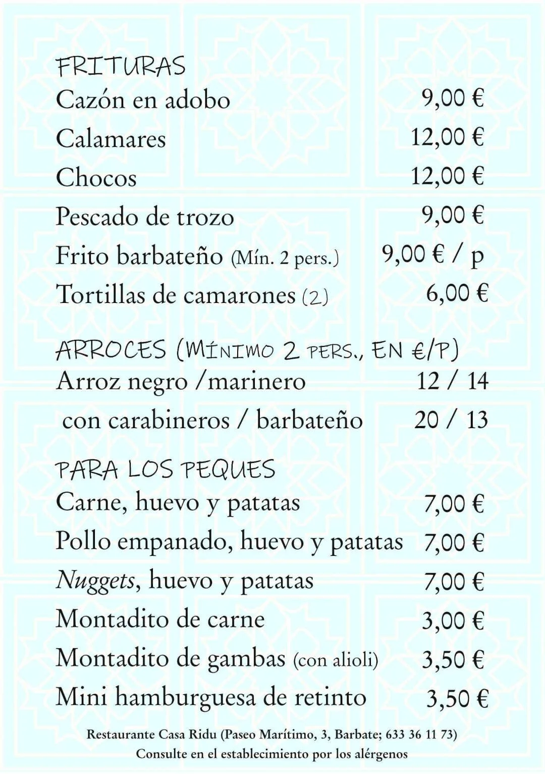 Carta de Digital de Restaurante Casa Ridu -Frituras, arroces y para los pequeños