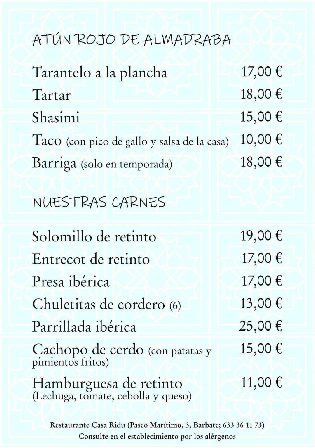 Carta de Digital de Restaurante Casa Ridu -Especialidades en atún y carnes
