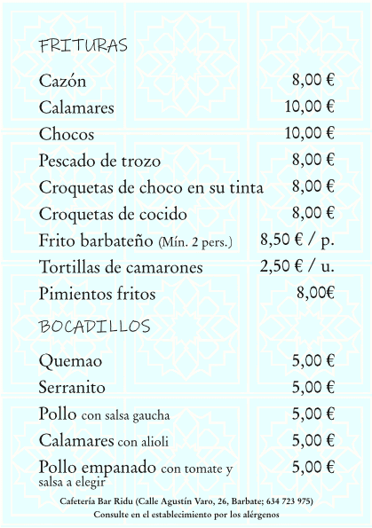 Bar Ridu, todas nuestras frituras de pescado y bocadillos.
