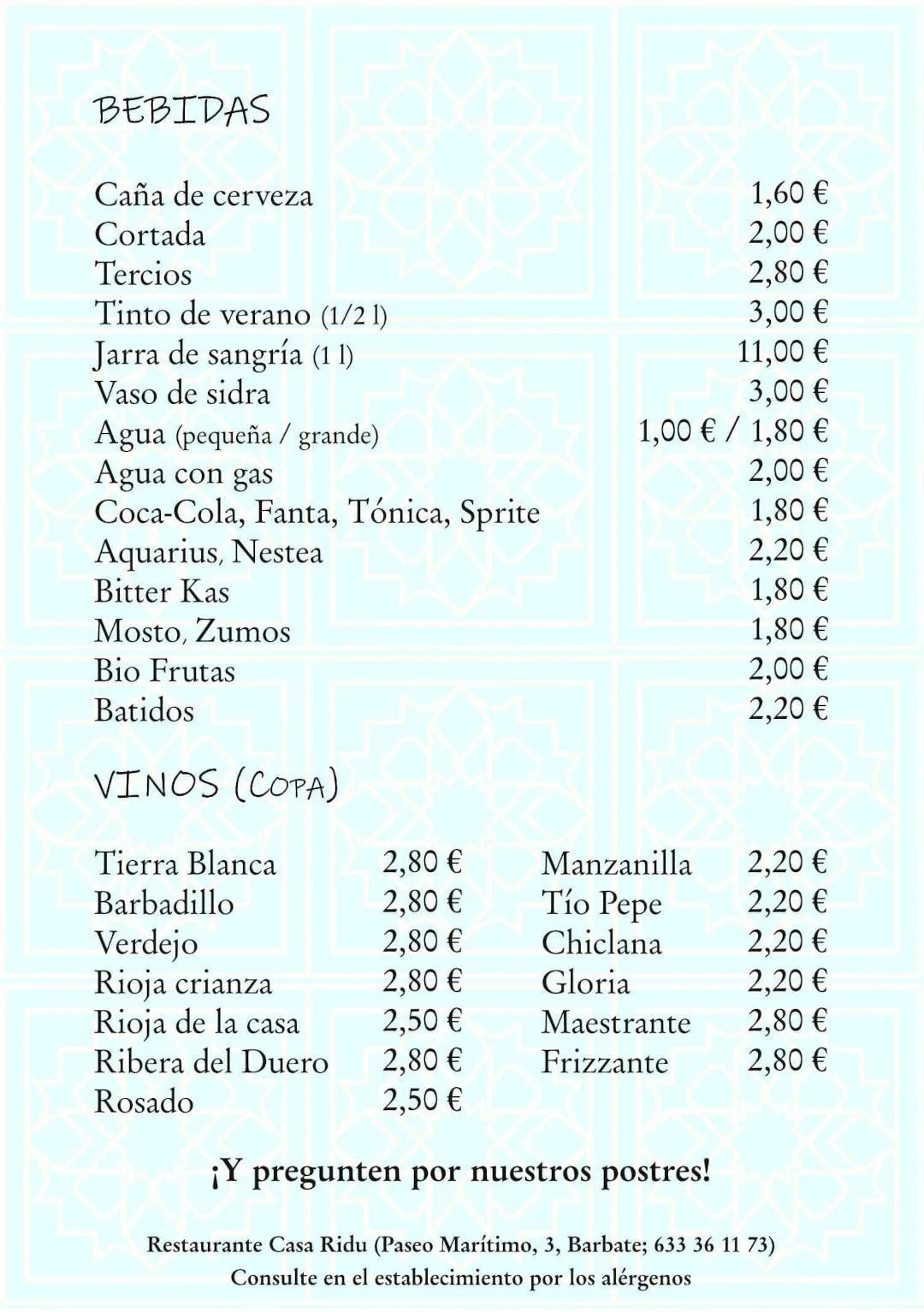Carta de Digital de Restaurante Casa Ridu -Bebidas y vinos