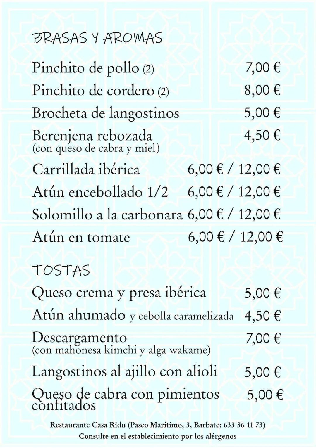 Carta de Digital de Restaurante Casa Ridu -Brasas, aromas y tostas