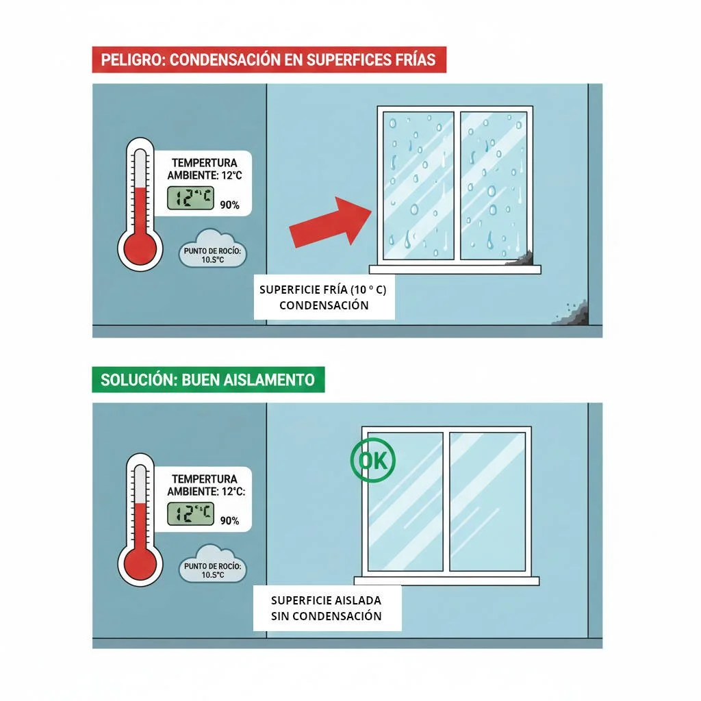 Esquema visual del punto de rocío y la condensación