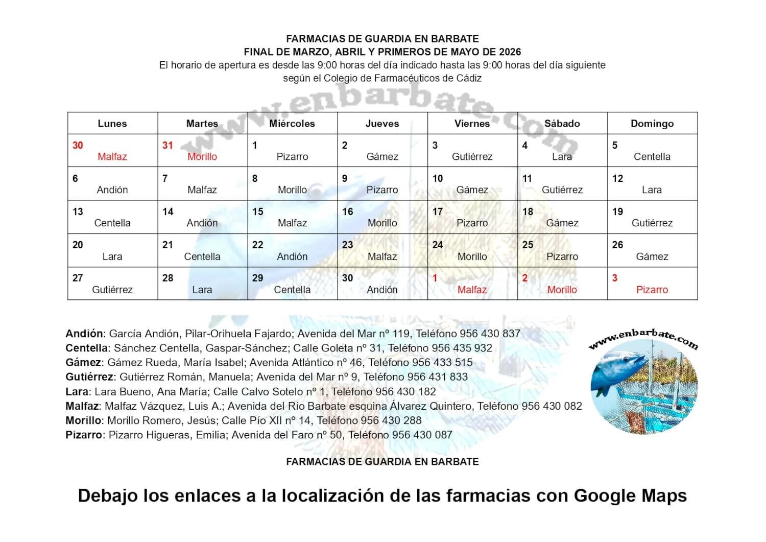 Farmacias de Guardia en Barbate durante e mes de abril d e 2026