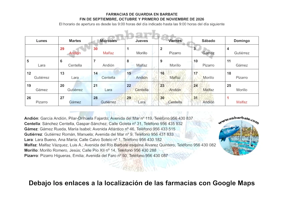 Farmacias de guardia en Barbate para el mes de octubre de 2026, días previos y posteriores