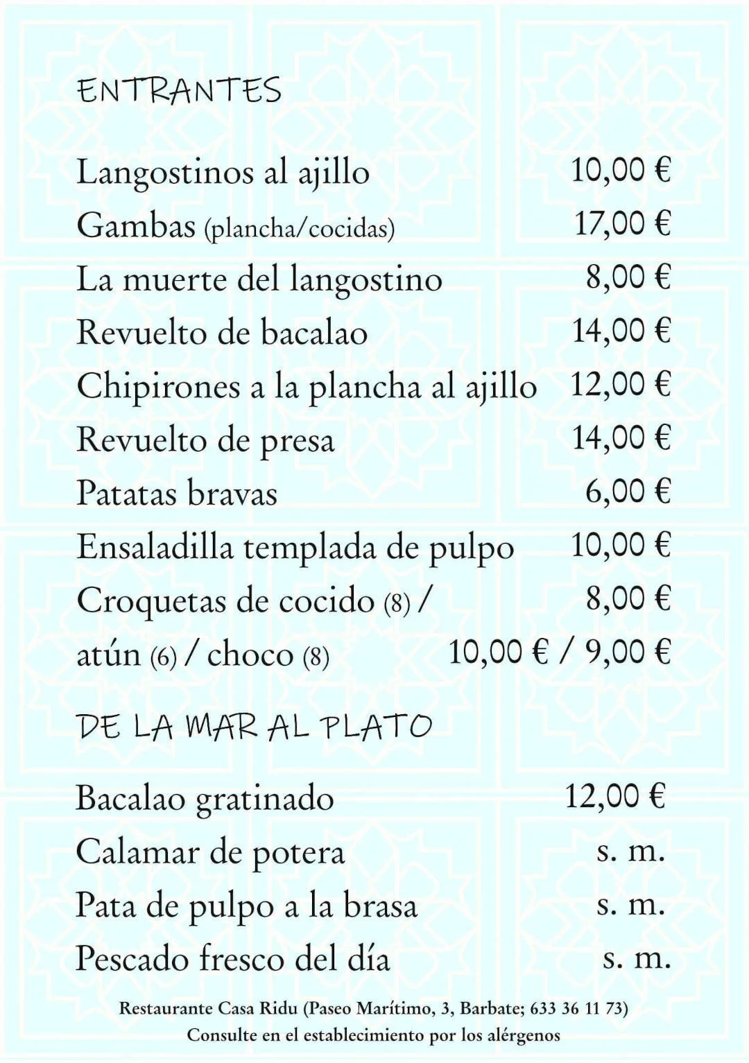 Carta de Digital de Restaurante Casa Ridu -Entrantes y pescados del día