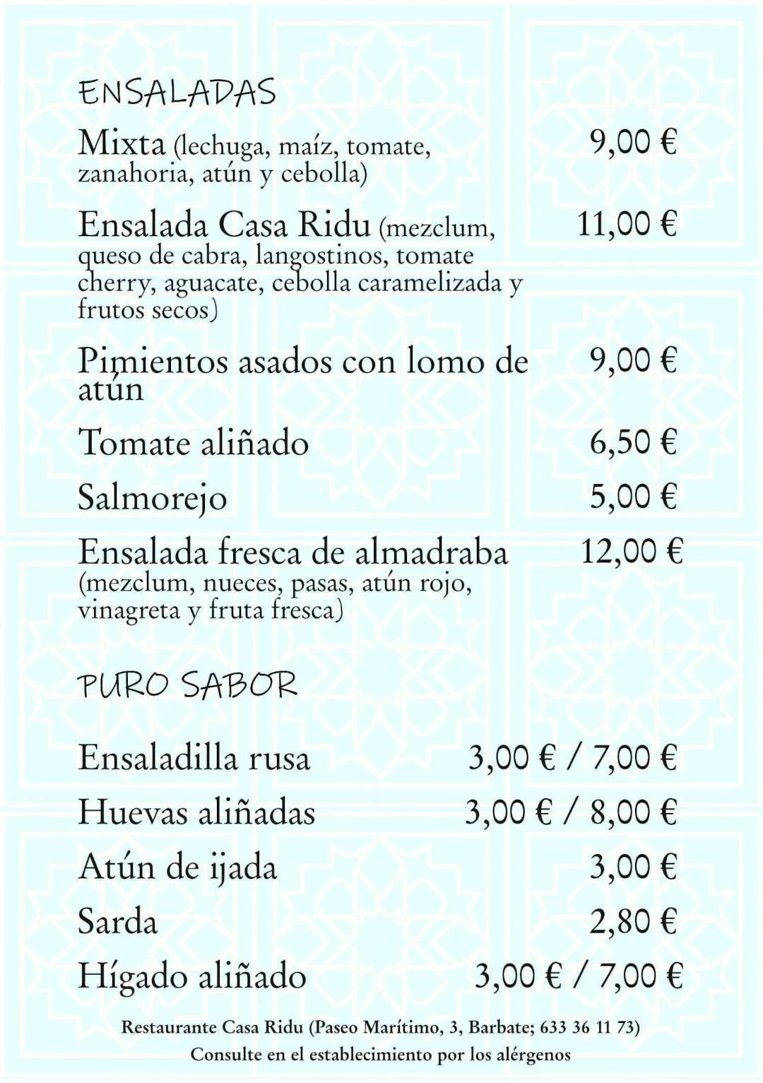 Carta de Digital de Restaurante Casa Ridu -Ensaladas, ensaladillas y salazones