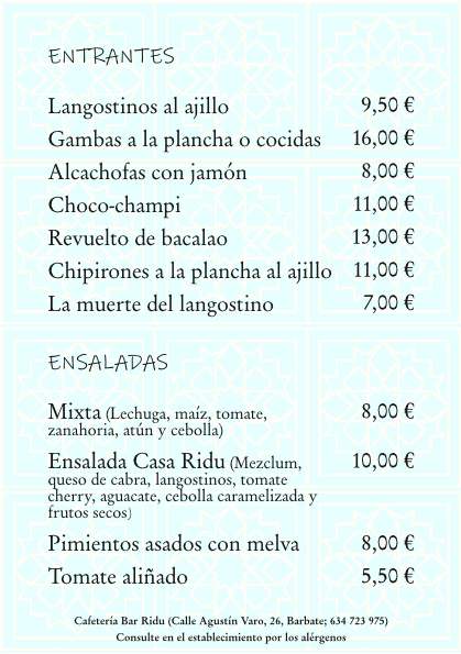 Bar Ridu, nuestros entrantes y especialidades en ensaladas.
