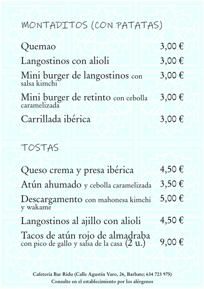 Bar Ridu, todas nuestras especialidades en montaditos y tostas.