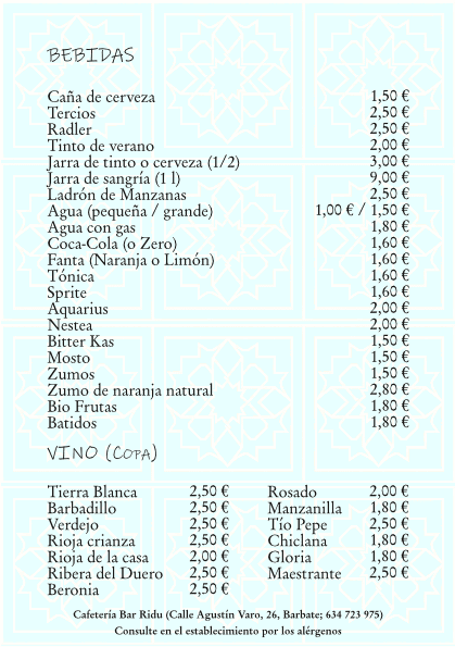 Bar Ridu, todas nuestras bebidas.