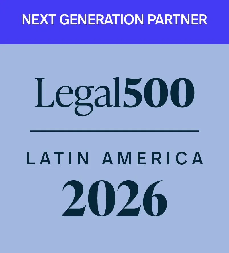 Portada de un documento titulado 'Legal500 Latin America 2026', con encabezado 'Next Generation Partner' en la parte superior, fondo azul claro y azul oscuro.