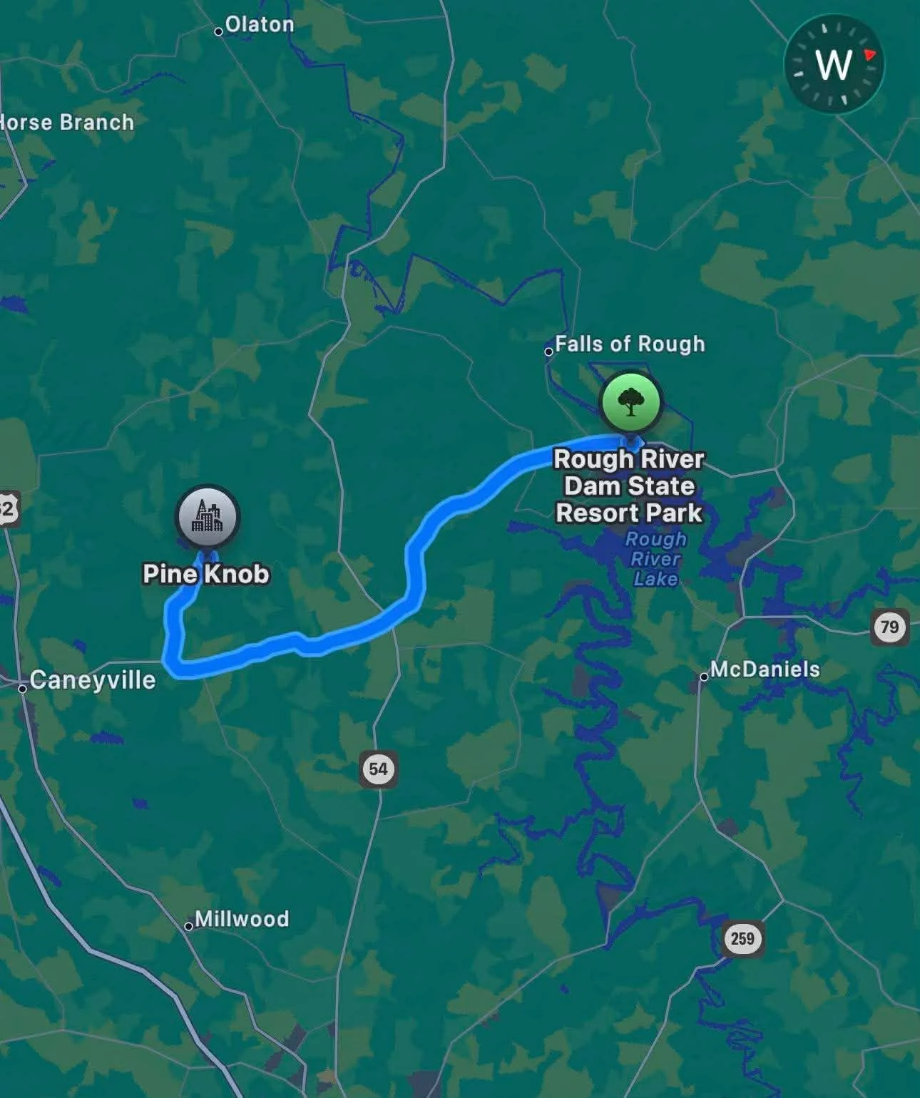 Map showing the route of the Rough River Dam State Resort Park trail, passing through Pine Knob and near Falls of Rough, with nearby towns and roads visible.