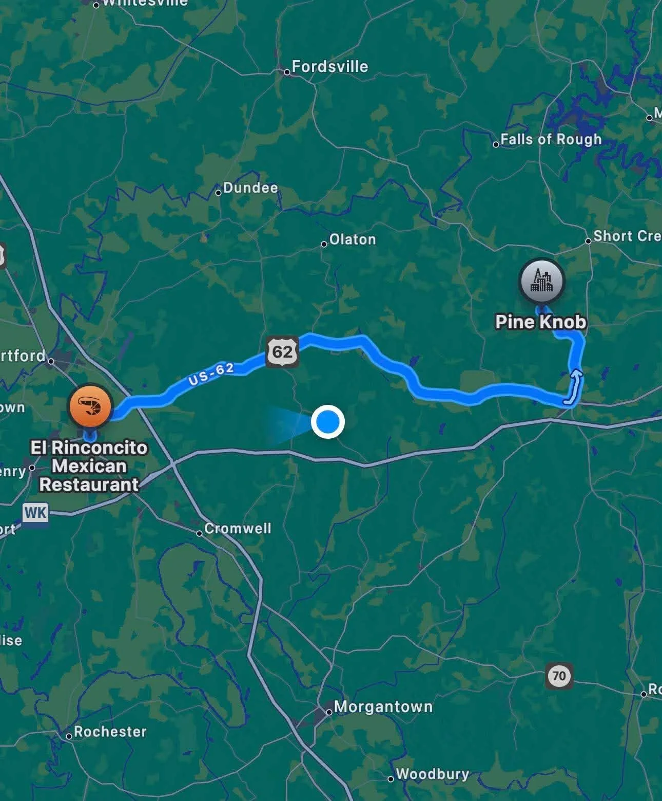 Map showing a travel route along US-62 from El Rinconito Mexican Restaurant to Pine Knob, with nearby towns and highway markers.