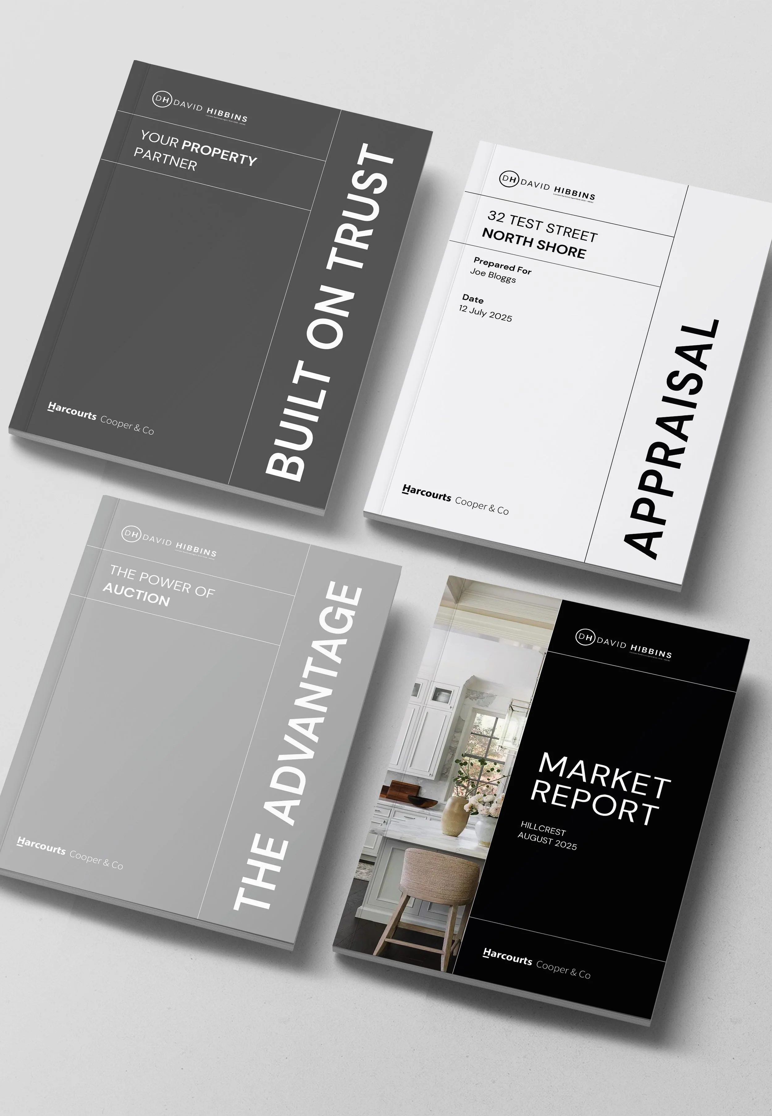 Four real estate and market reports with titles, one titled 'BUILT ON TRUST,' another 'APPRAISAL,' a third 'THE POWER OF AUCTION,' and a fourth 'MARKET REPORT,' some with images of homes.