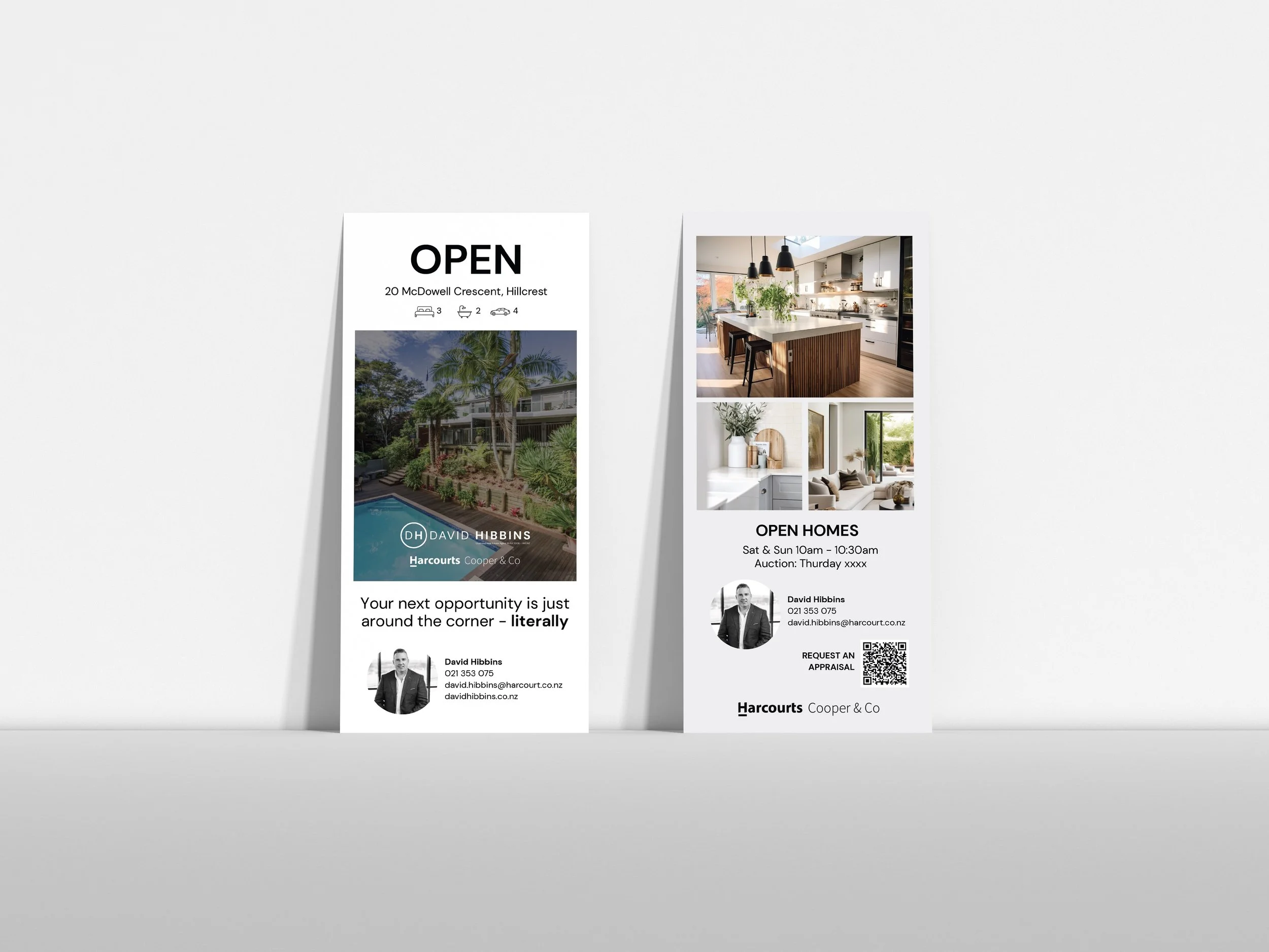 Two real estate flyers showcasing property listings with images of a house and interior rooms, contact information, and details about open houses.