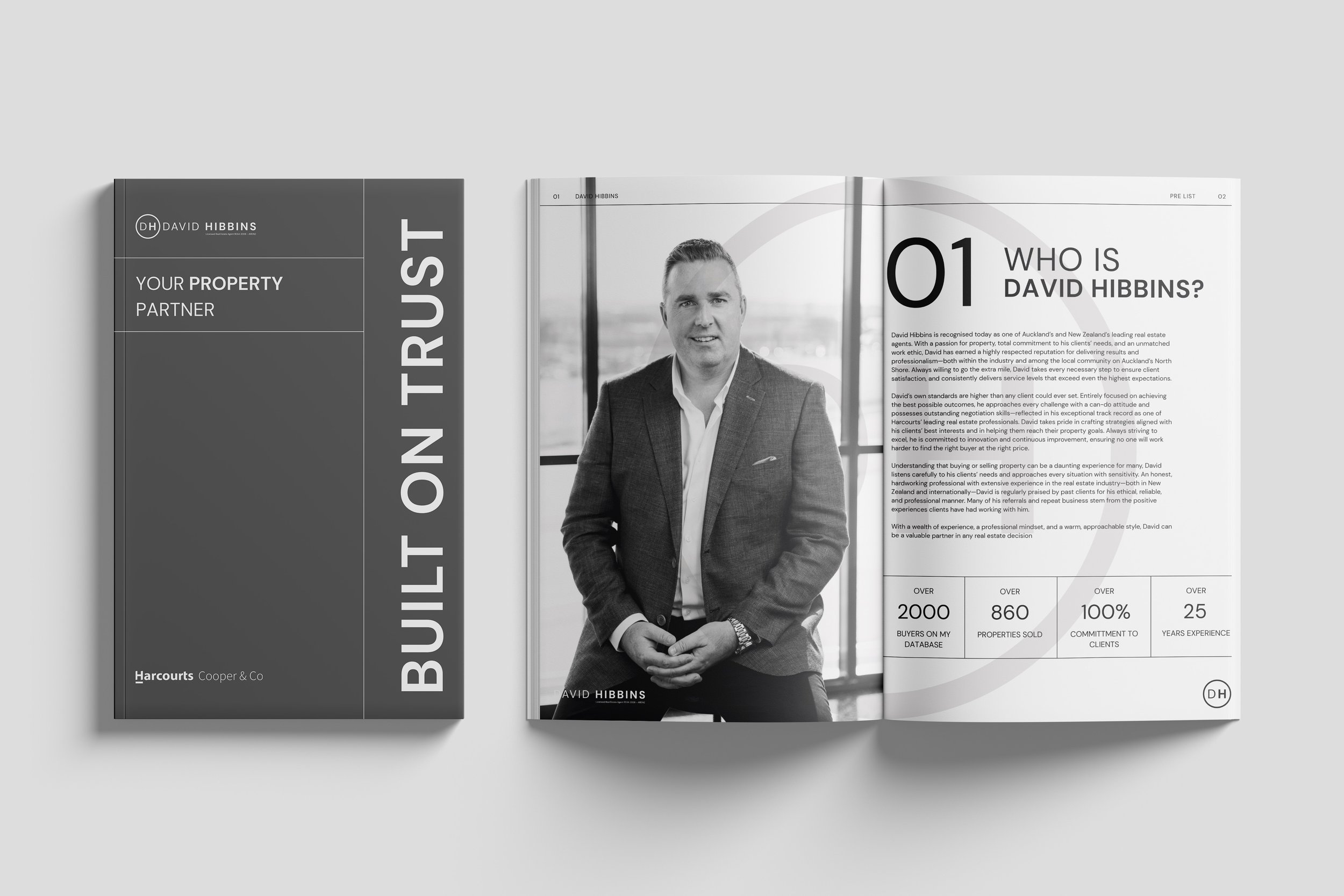 Open magazine spread featuring a black-and-white portrait of a man in a suit on the right page and property listing details, with a closed book titled 'Built on Trust' on the left.
