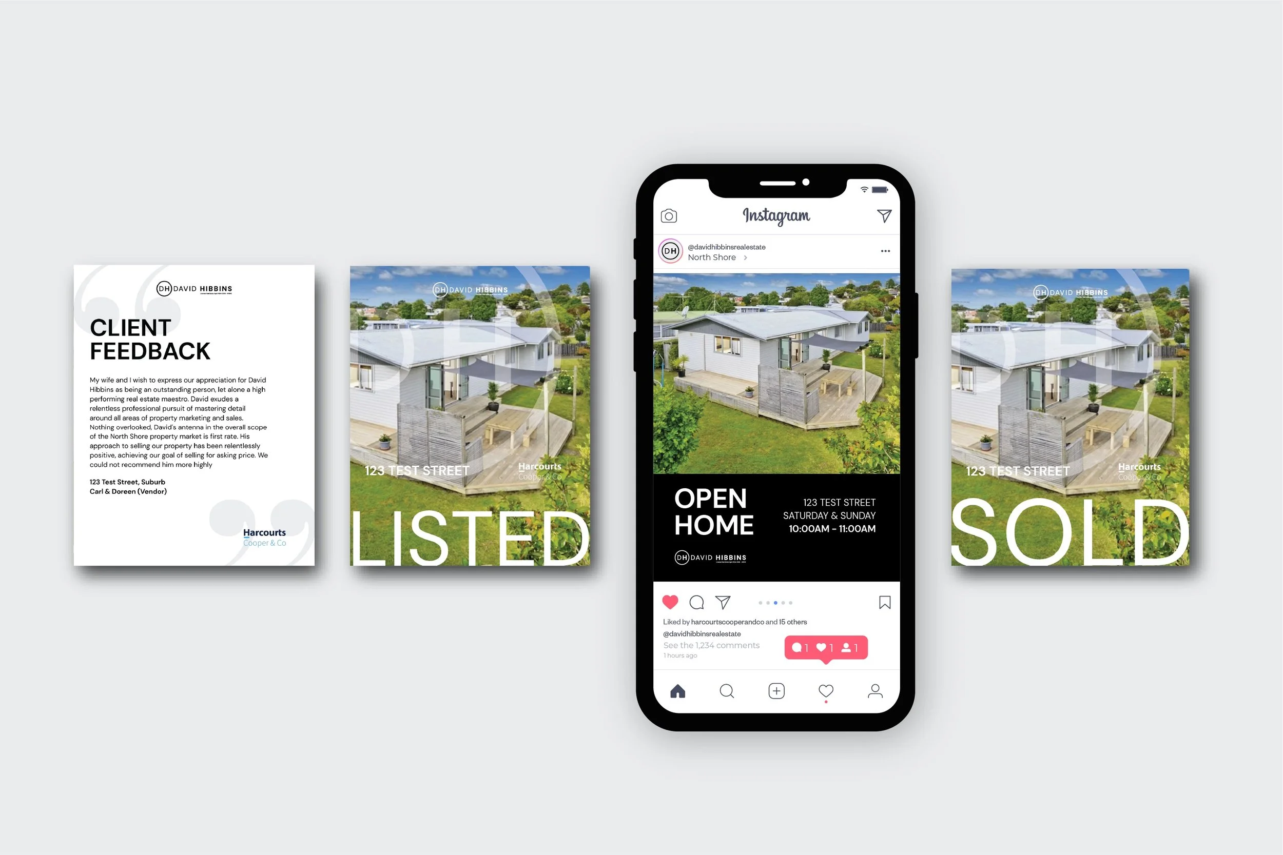 Series of real estate social media posts showing a house, with statuses listed as 'LISTED,' 'OPEN HOME,' and 'SOLD,' along with a client feedback letter and a mobile phone displaying the listings.